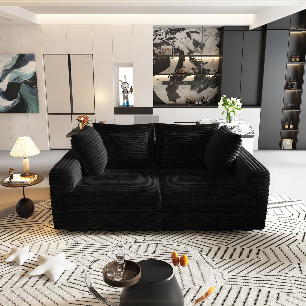 104.3 ' Plush Corduroy 4-Seat Sofa, Modern Comfy Upholstered Sofa Cloud Couch, Deep Seat Couches with Soft Pillows and 2 Ottomans, Convertible Sofa Lounge Chair, for Living Room,Apartment,Office,Black