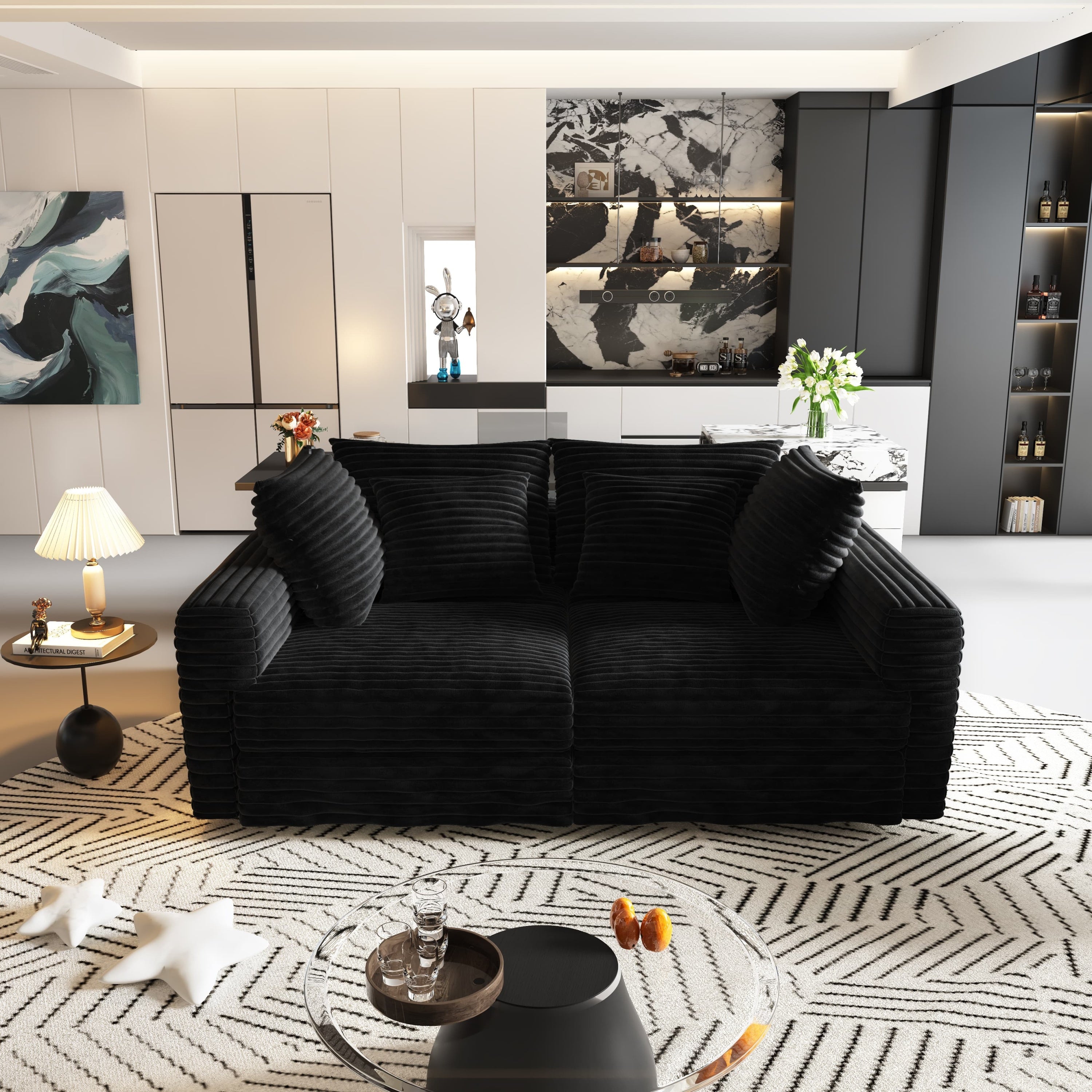 104.3 ' Plush Corduroy 4-Seat Sofa, Modern Comfy Upholstered Sofa Cloud Couch, Deep Seat Couches with Soft Pillows and 2 Ottomans, Convertible Sofa Lounge Chair, for Living Room,Apartment,Office,Black