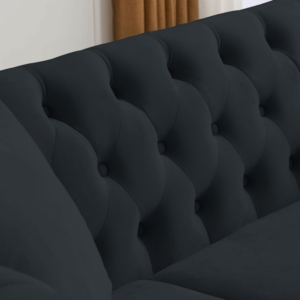 [Video] 80' Chesterfield Sofa Black Velvet for Living Room, 3 Seater Sofa Tufted Couch with Rolled Arms and Nailhead for Living Room, Bedroom, Office, Apartment, two pillows