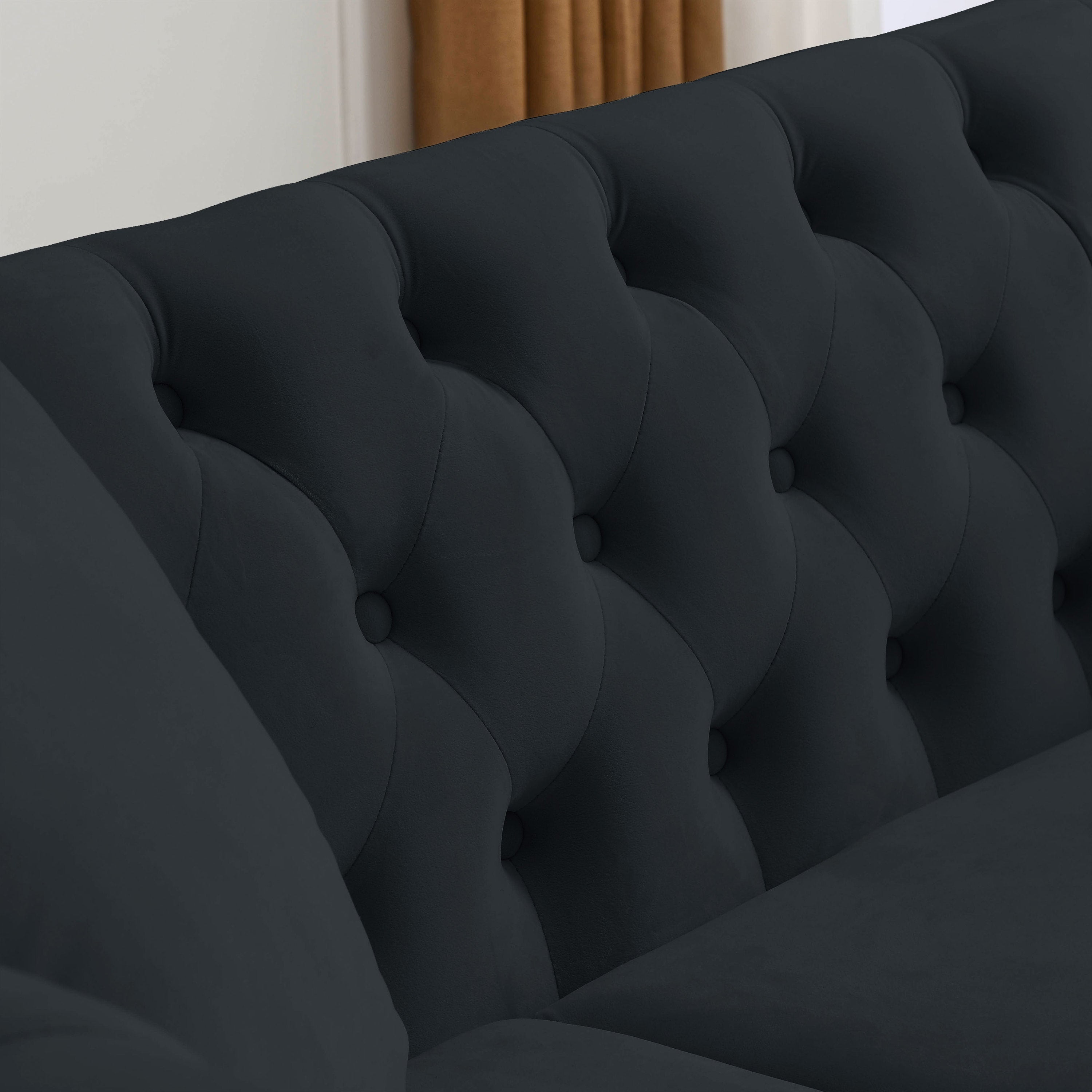 [Video] 80' Chesterfield Sofa Black Velvet for Living Room, 3 Seater Sofa Tufted Couch with Rolled Arms and Nailhead for Living Room, Bedroom, Office, Apartment, two pillows