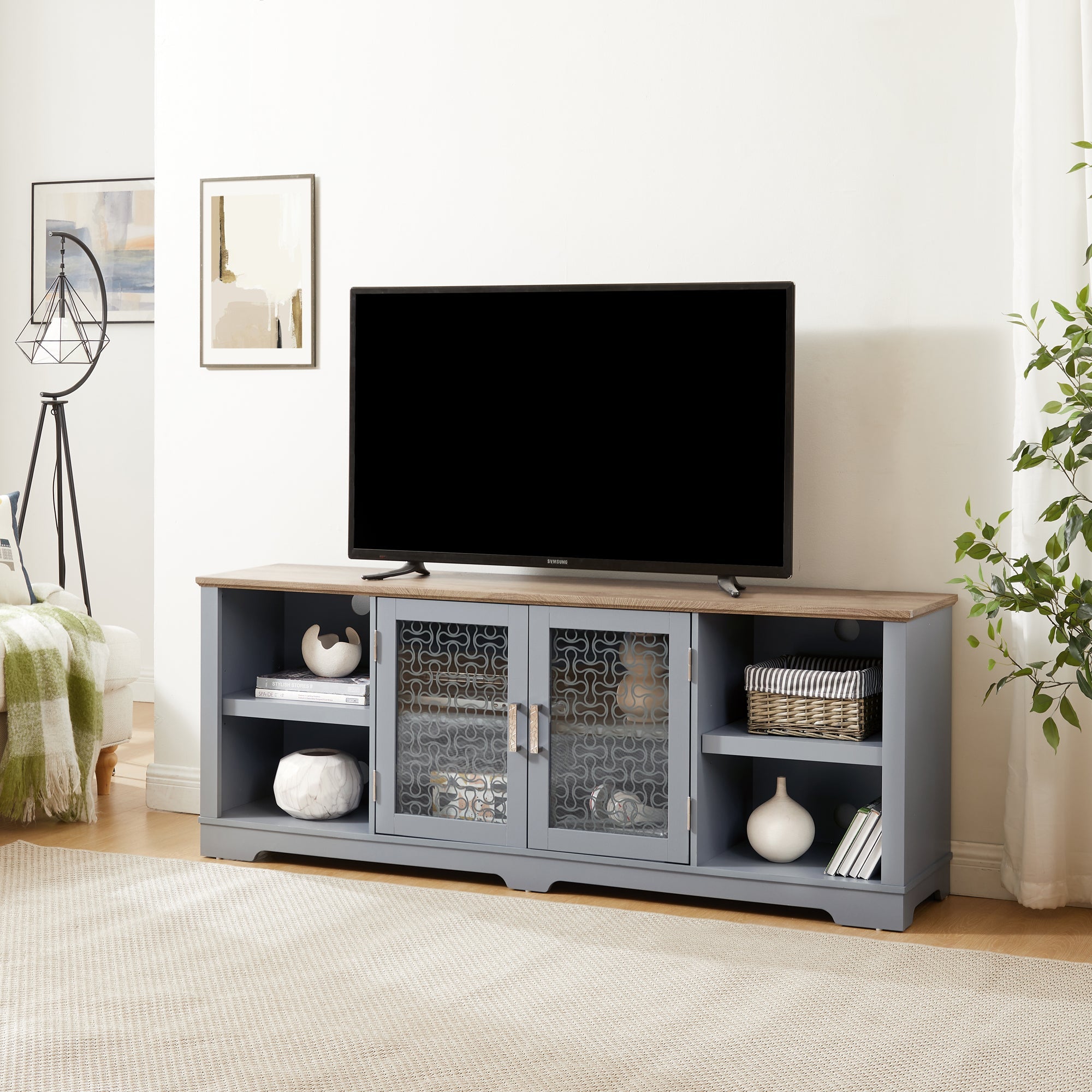 Modern Farmhouse TV Media Stand, Large Home Entertainment Console, for TV Up to 80'', with Open Shelves and Glass Door Cabinets, Light Blue and Light Oak, 70'W*15.55'D*26.85'H