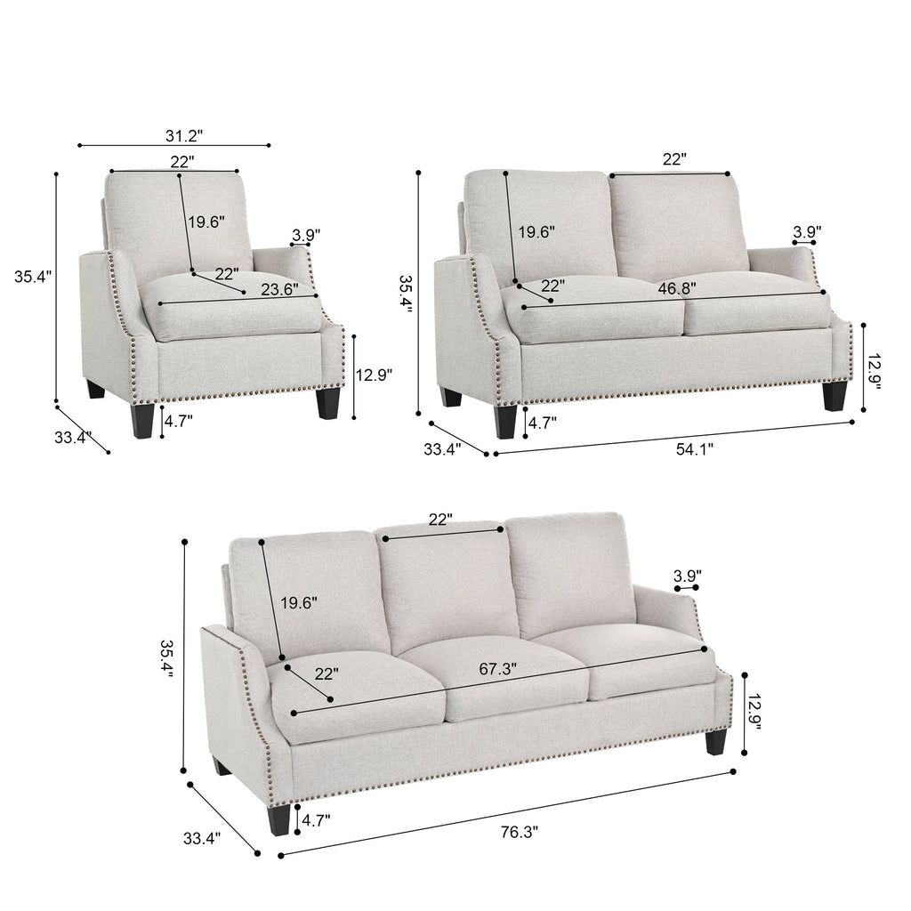 3 Piece Living Room Sofa Sets, Sectional Couch and Loveseat and Armchair Set, Modern 3 Seater Sofa + 2 Seater Couch+ Accent Chair Furniture Set for Apartment