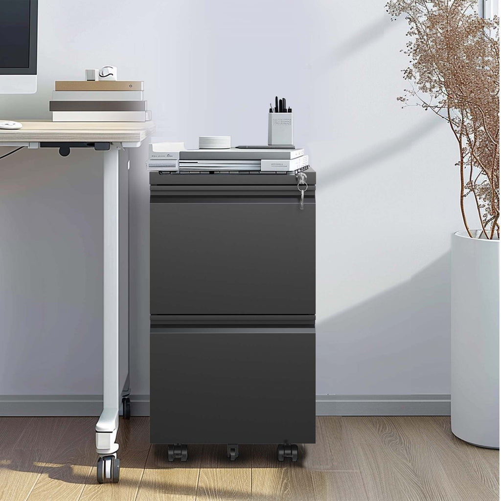 Sleek Modern 2 Drawer Metal Mobile File Cabinet with Lock, Black, Compact Size