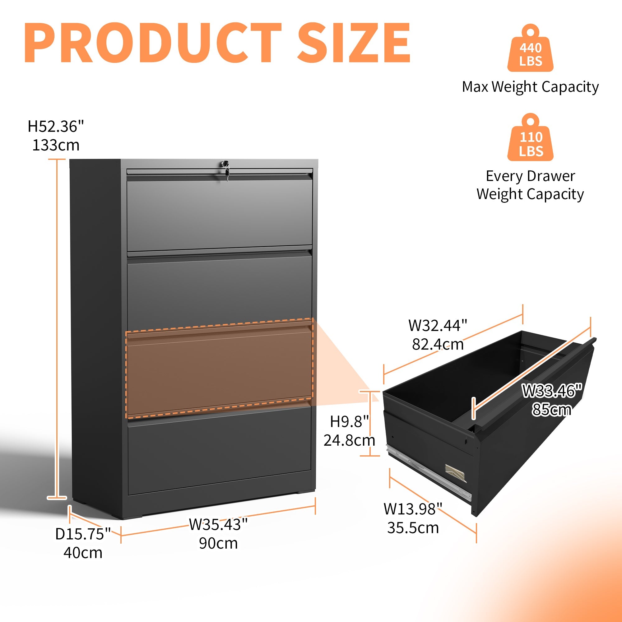 Modern Black 4-Drawer Lateral File Cabinet with Lock, Metal Filing Cabinet for Legal/Letter/A4/F4