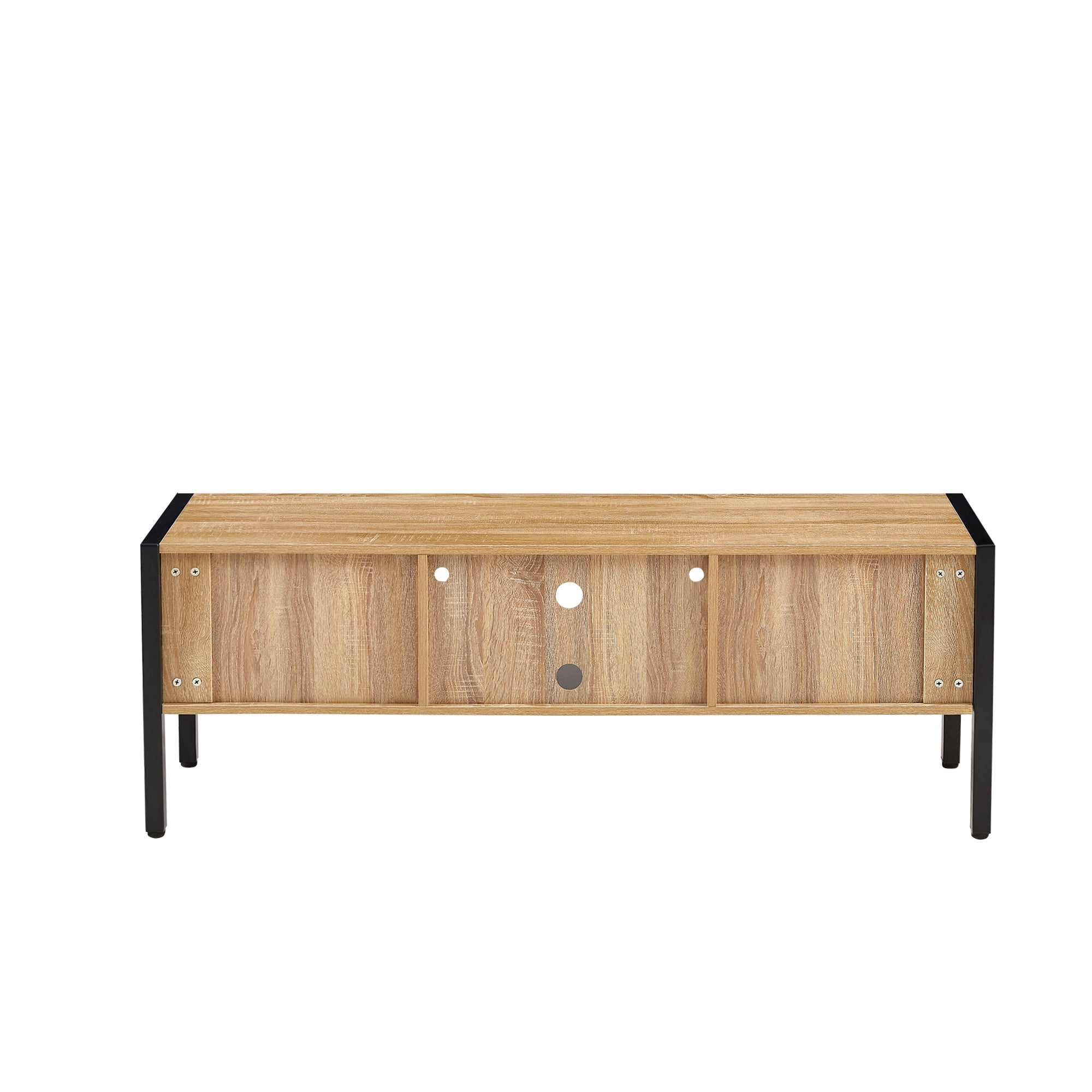 Natural Rattan TV Cabinet with Color Light Strip, Double Sliding Doors, Adjustable Shelf, Metal Legs, 54.33 Inches