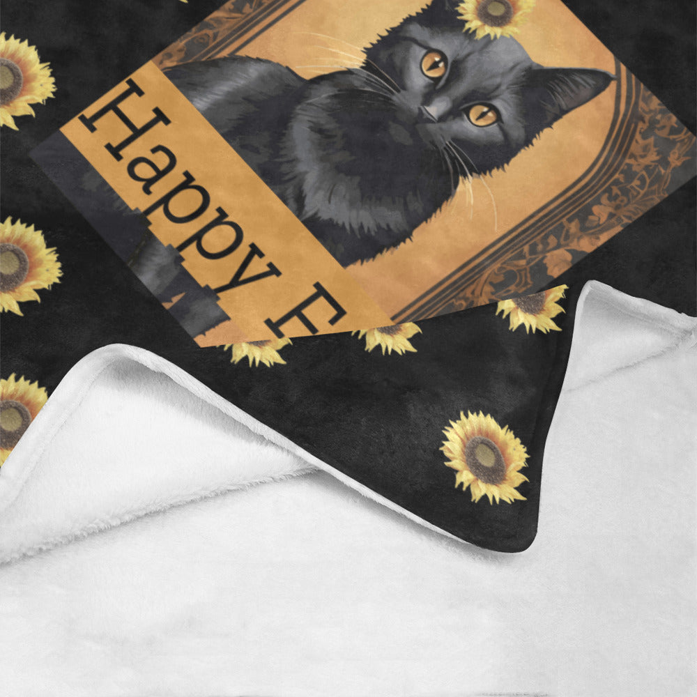 Happy Fall Black Cat with Sunflowers Ultra-Soft Micro Fleece Blanket 50" x 60"(Made in USA)