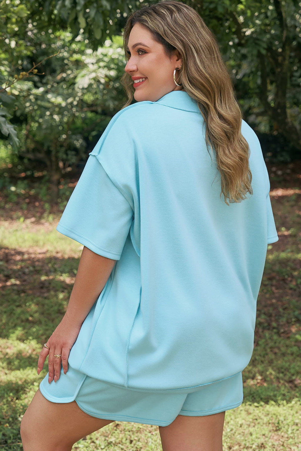 Plus Size Mock Neck Exposed Seam Tunic Top & Shorts Set