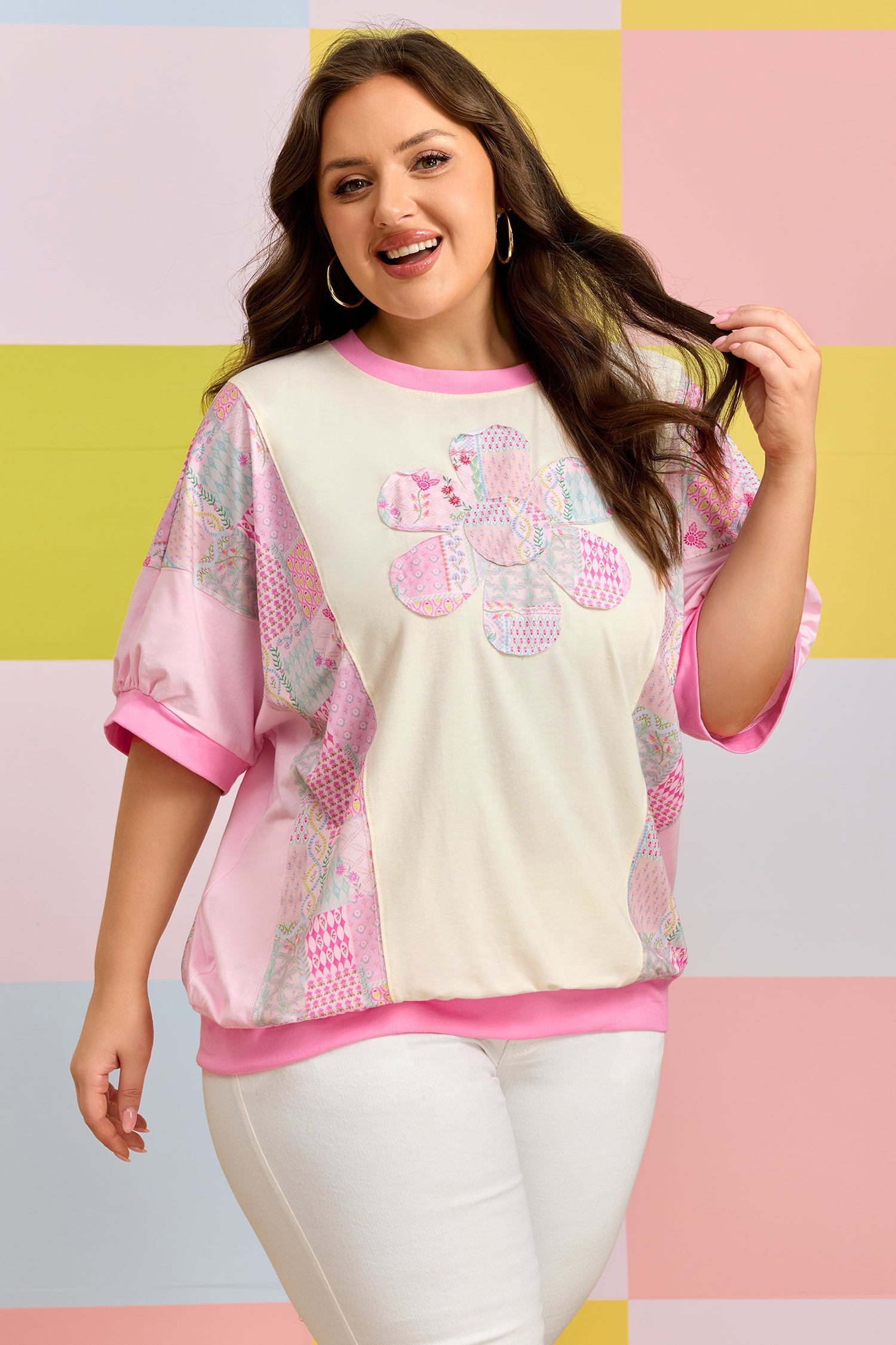 Plus Size Floral Patchwork Embroidered T-Shirt