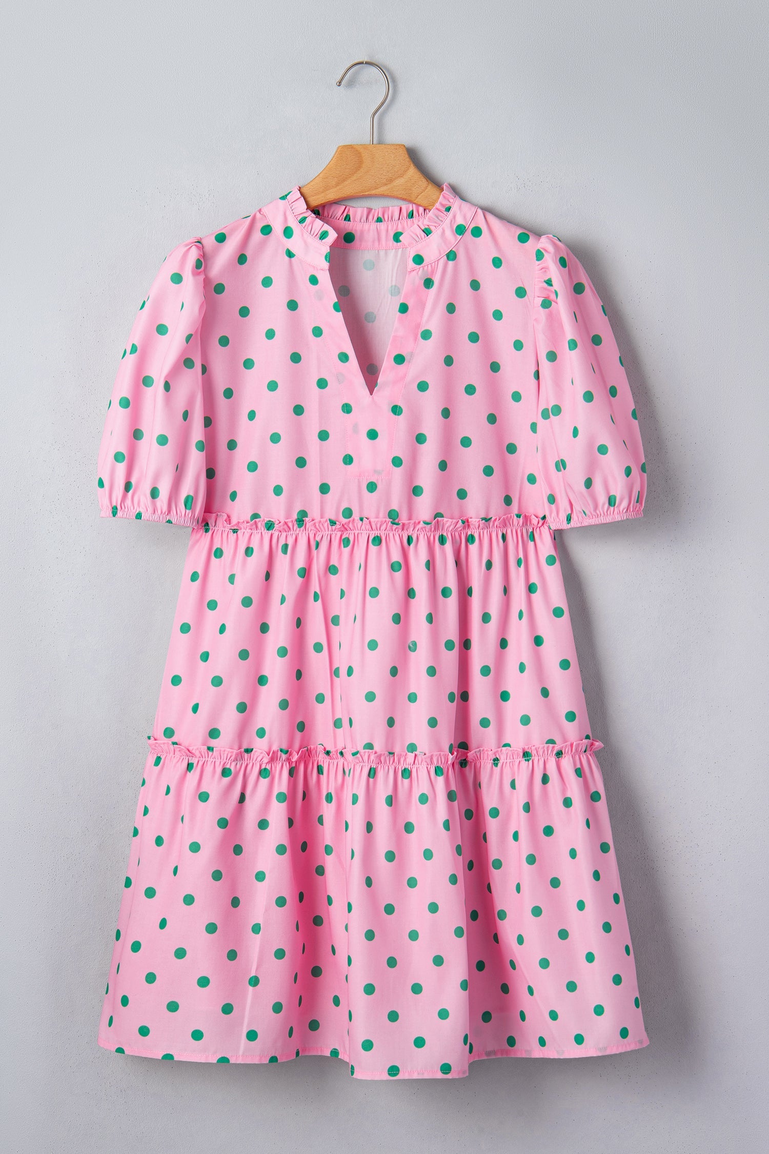 Polka Dot V-Neck Short Sleeve Tiered Mini Dress