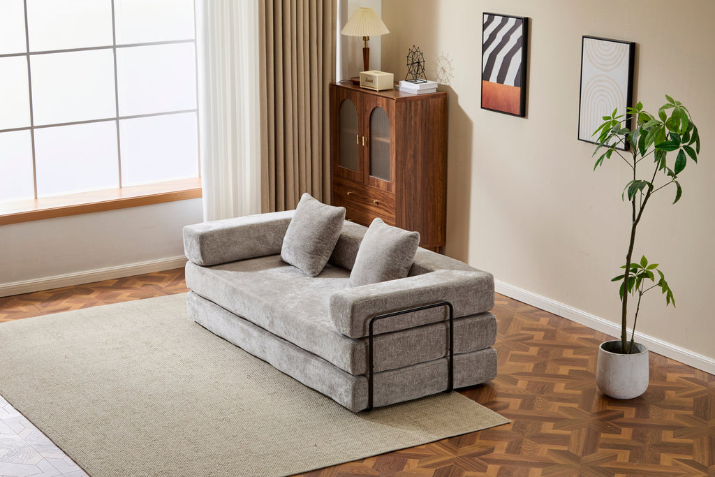 Floor Couch,Compression Sofa,Convertible Floor Sofa Bed-with Pillow Back Support Armrest,Comfy Futon Couch Lounge Sleeper Bed,Chenille fabric,for Living Room Bedroom (LIGHT-GREY)