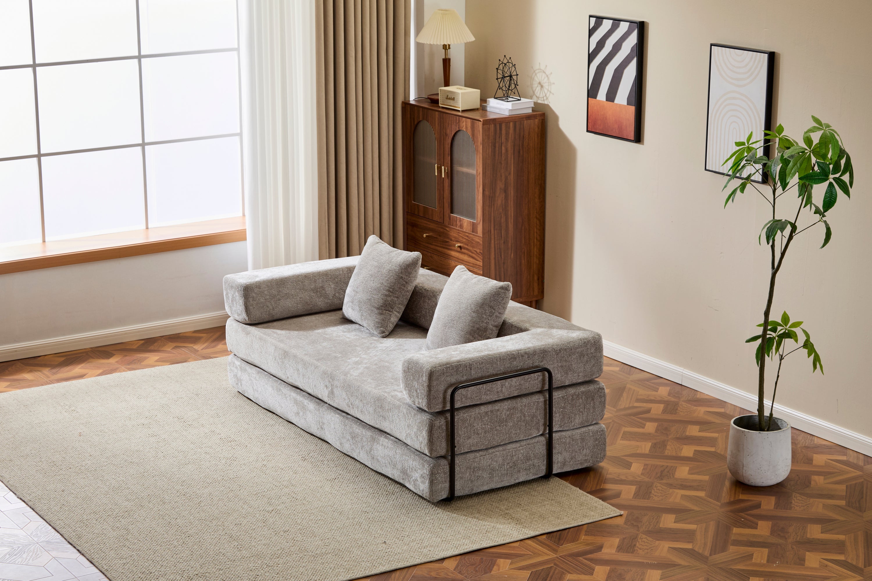Floor Couch,Compression Sofa,Convertible Floor Sofa Bed-with Pillow Back Support Armrest,Comfy Futon Couch Lounge Sleeper Bed,Chenille fabric,for Living Room Bedroom (LIGHT-GREY)