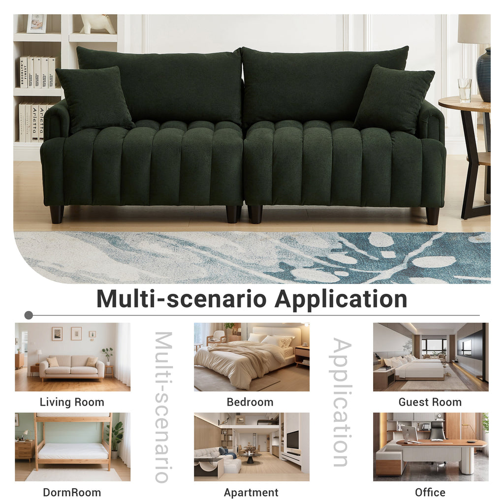 83'' Futon Sofa Bed, Polyester Fabric Comfy Futon Couch Bed with 2 Square Pillows, Convertible Sleeper Sofa with Adjustable Backrest,  Modern Loveseat Sleeper for Living Room, Dark Green