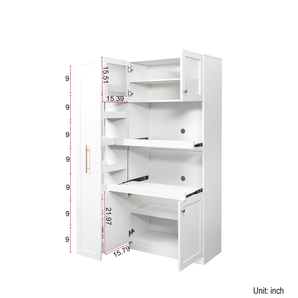 Kitchen pantry cabinet with multi-functional pull-out multi-tier storage shelf,Farmhouse Storage Cabinet with 4 Doors,Pantry Organizers for Kitchen,Dining Room(White)
