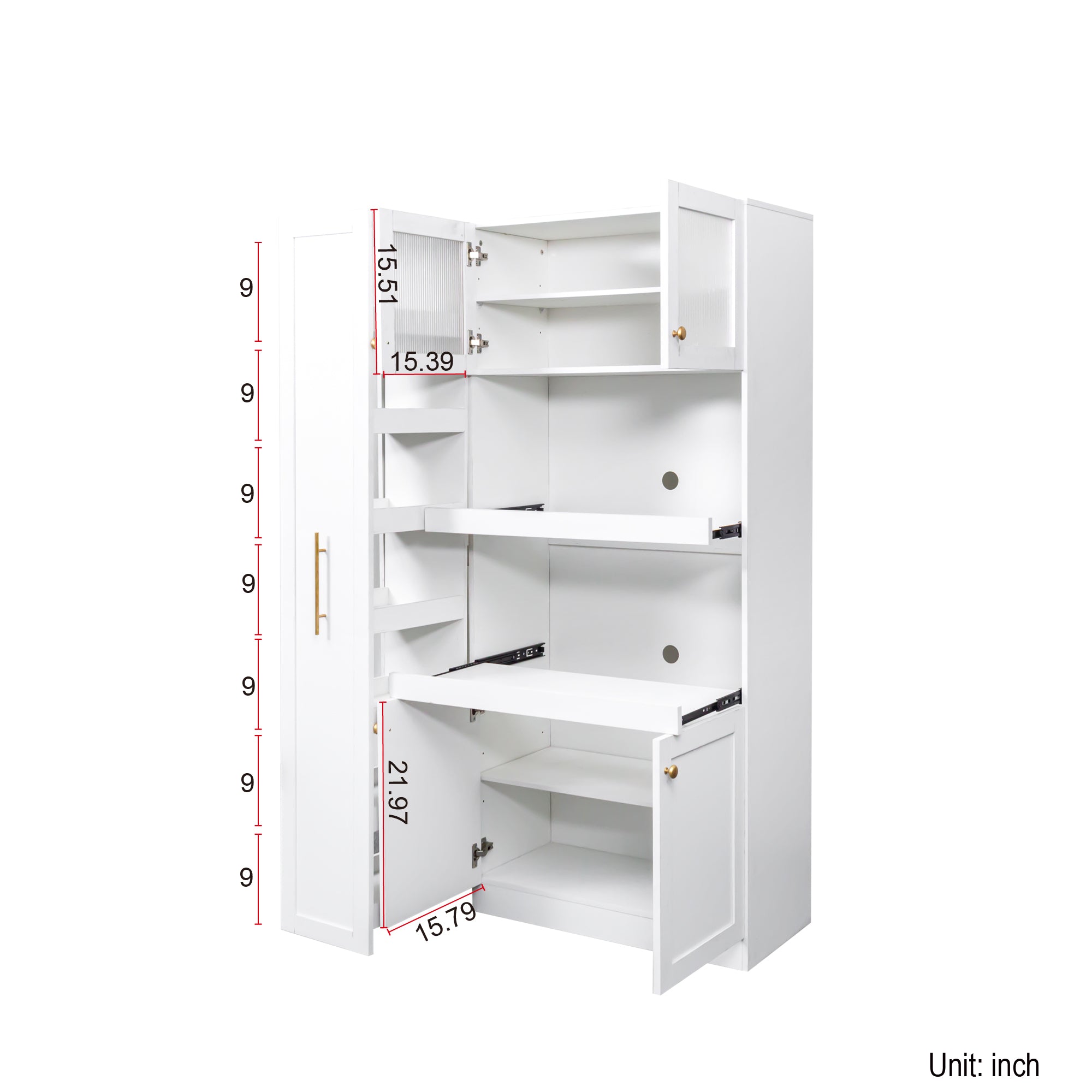 Kitchen pantry cabinet with multi-functional pull-out multi-tier storage shelf,Farmhouse Storage Cabinet with 4 Doors,Pantry Organizers for Kitchen,Dining Room(White)