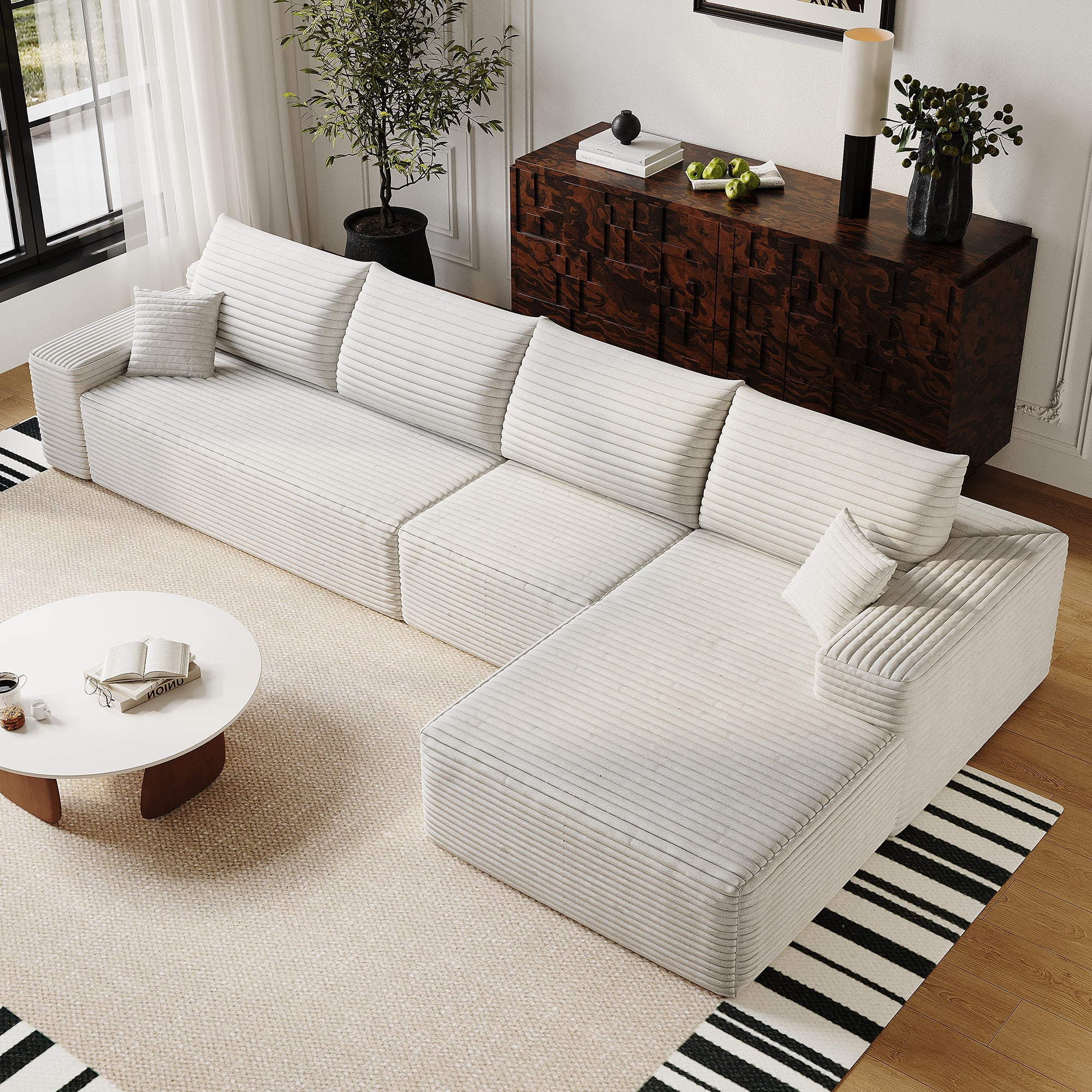 135' Cloud Sectional Couch with L-Shape Chaise,Modern Modular Sofa with Deep Seat, Upholstered Couches for Living Room Bedroom,No Assembly Required, (Plush Corduroy Fabric),White