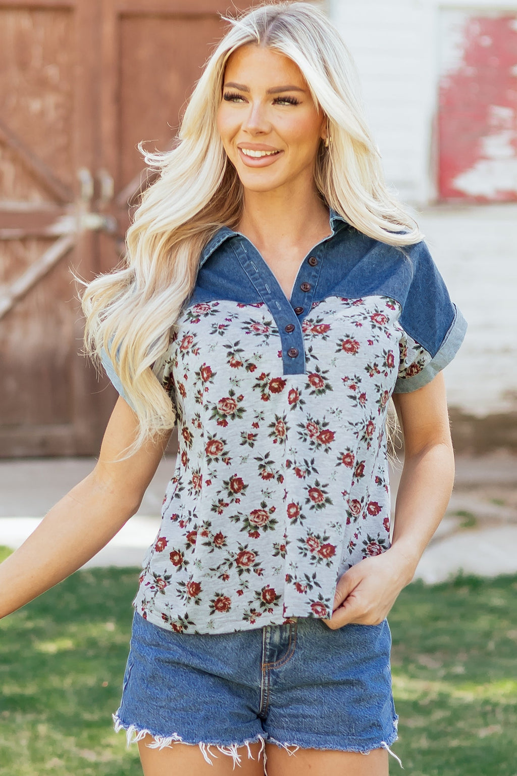 Floral Retro Denim Patchwork Buttoned Collar Top