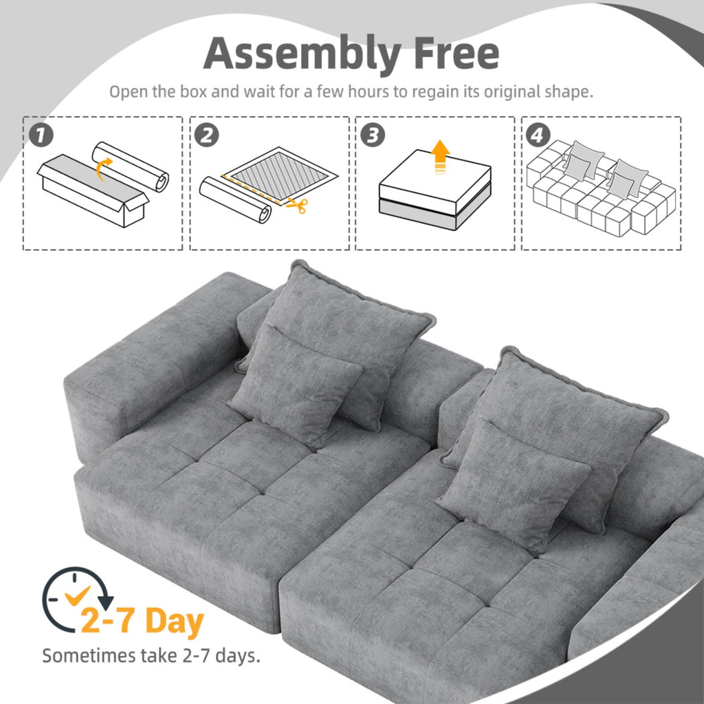 Modern Oversized Modular Sectional Sofa with 2 Chaise Lounge and 2 Armrest, Sparkling Chenille Fabric Soft Cushion Sofa with 4 Pillows, 4 PCS DIY Combination Tufted Sofa, No Assembly Required, GREY