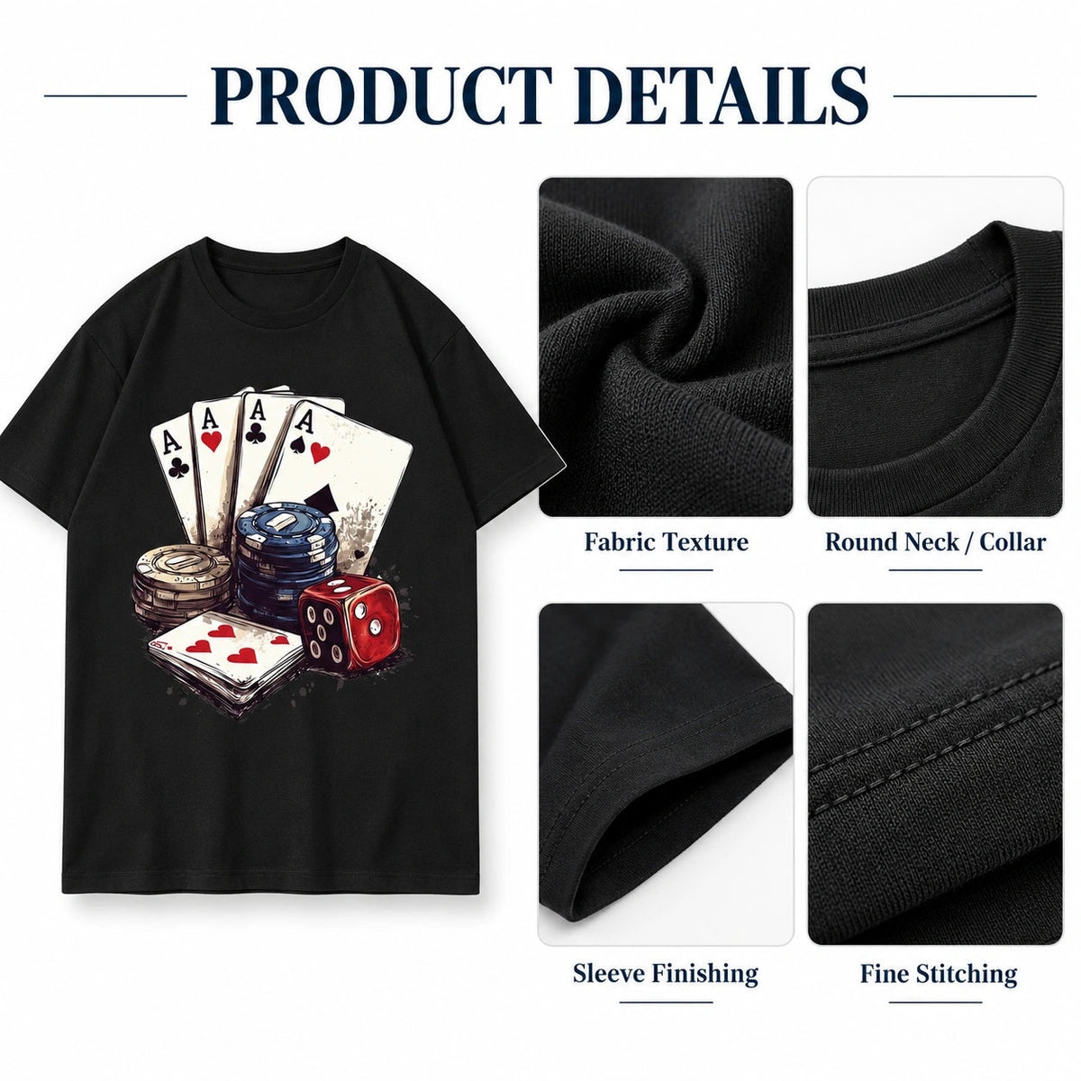 Vintage Playing Cards Aces Dice Poker Cotton Graphic T-shirt for Men & Women