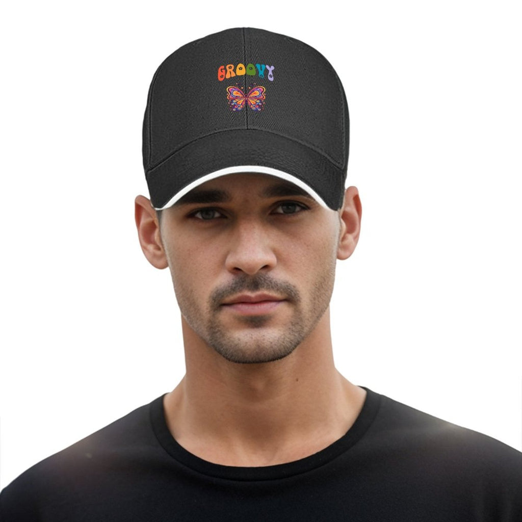 Groovy Butterfly Black Sandwich Visor Baseball Cap (Made in USA)
