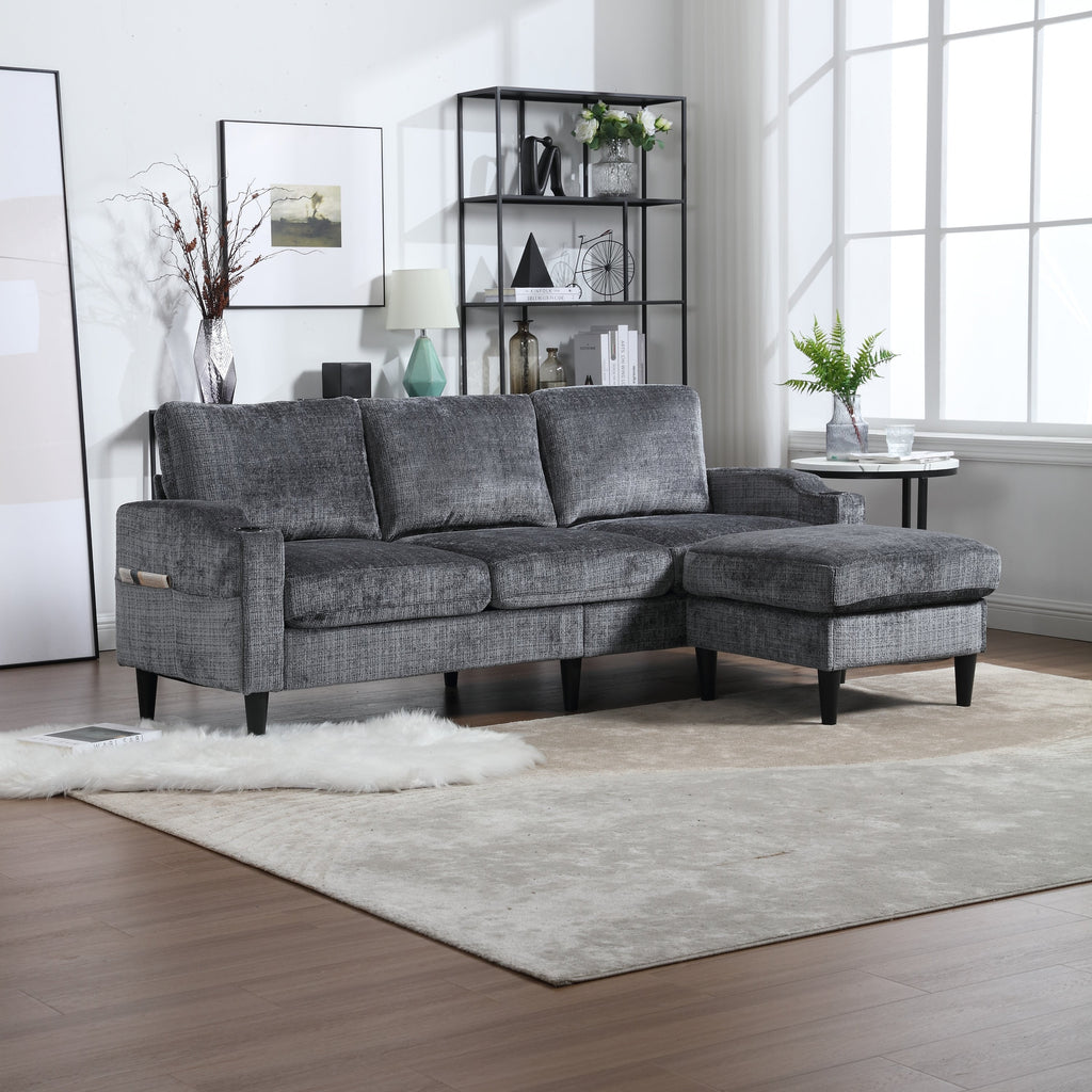UNITED  WE WIN Sofa for three, solid wood frame, Chenille fabric, side pocket, with two cup holders, footstool with storagestorage sofa /Living room sofa cozy sectional  sofa
