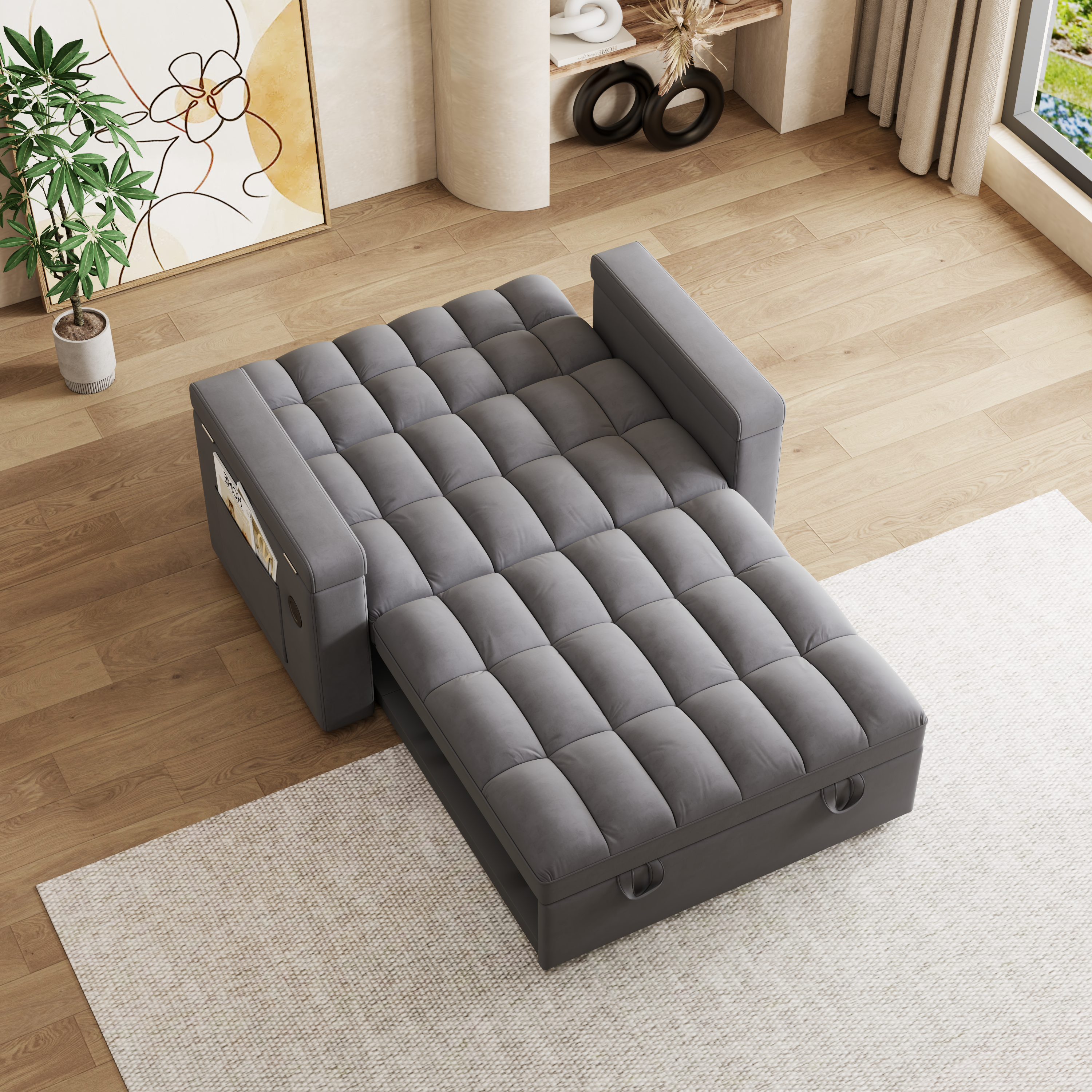 65-inch 3-in-1 foldable large-sized computer desk sofa bed, modern velvet double sofa, sofa bed with adjustable backrest, storage bag and pillow, hidden living room laptop desk, with USB port