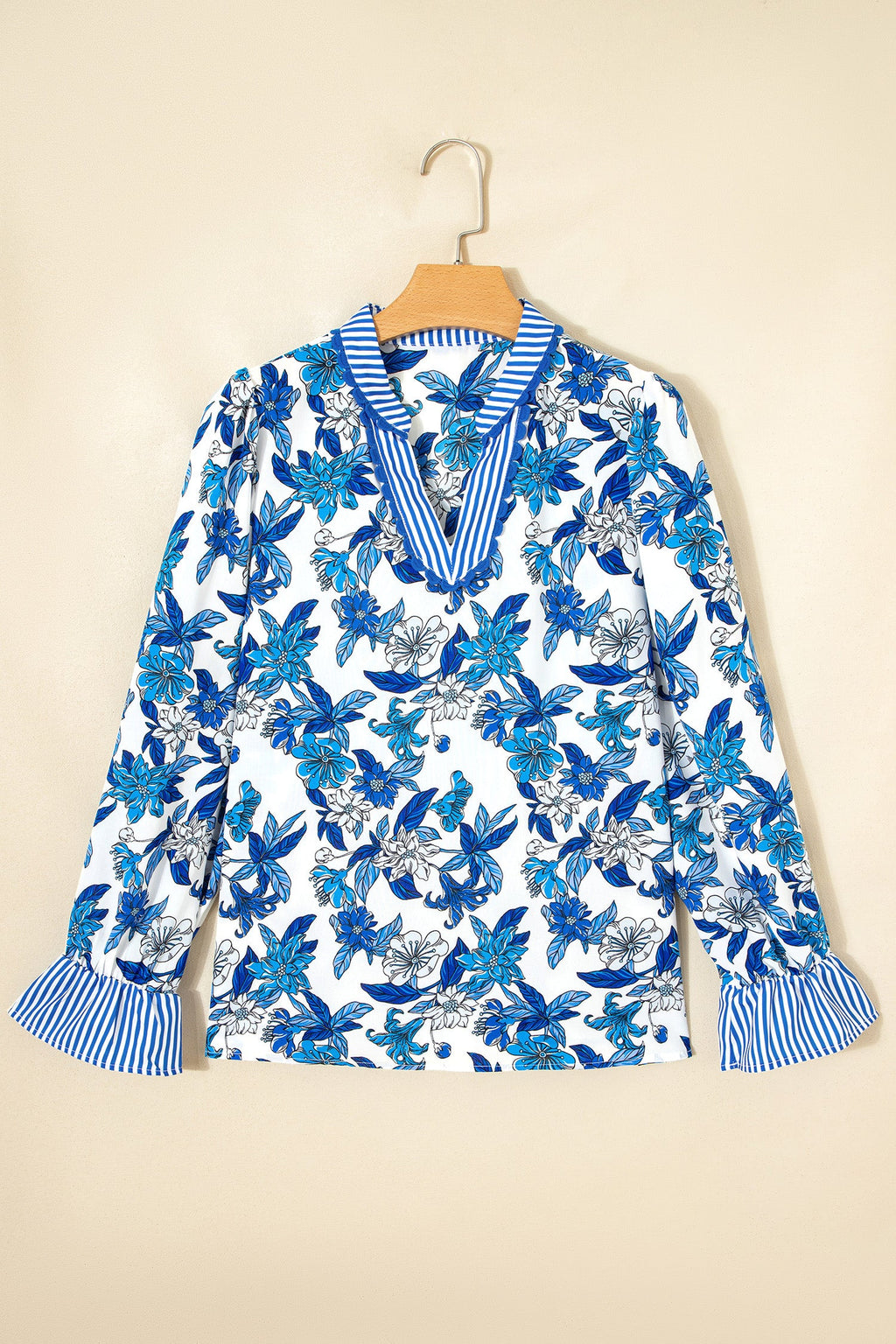 Floral Stripe Patchwork V-Neck Flounce Sleeve Blouse