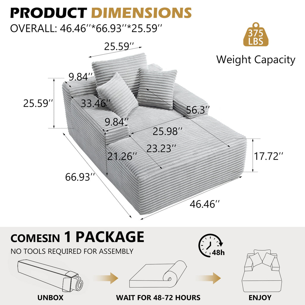 67' Chaise Lounge Chair 9.9'' Wide Armrest Indoor Corduroy Oversized Sleeper Sofa for Living Room Deep Seat Lounge and Three Soft Pillows Convertible Boneless Sofa Bed, Light Grey,No Assembly Required