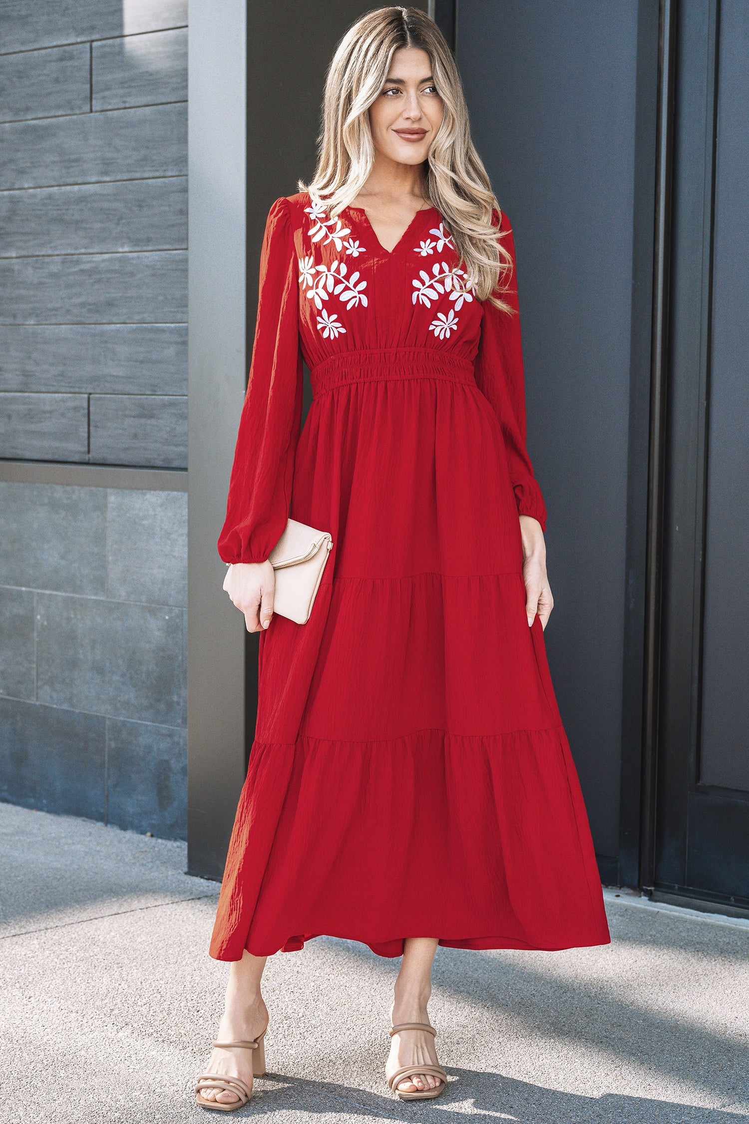 Floral Embroidered Long Sleeve Tiered Maxi Dress