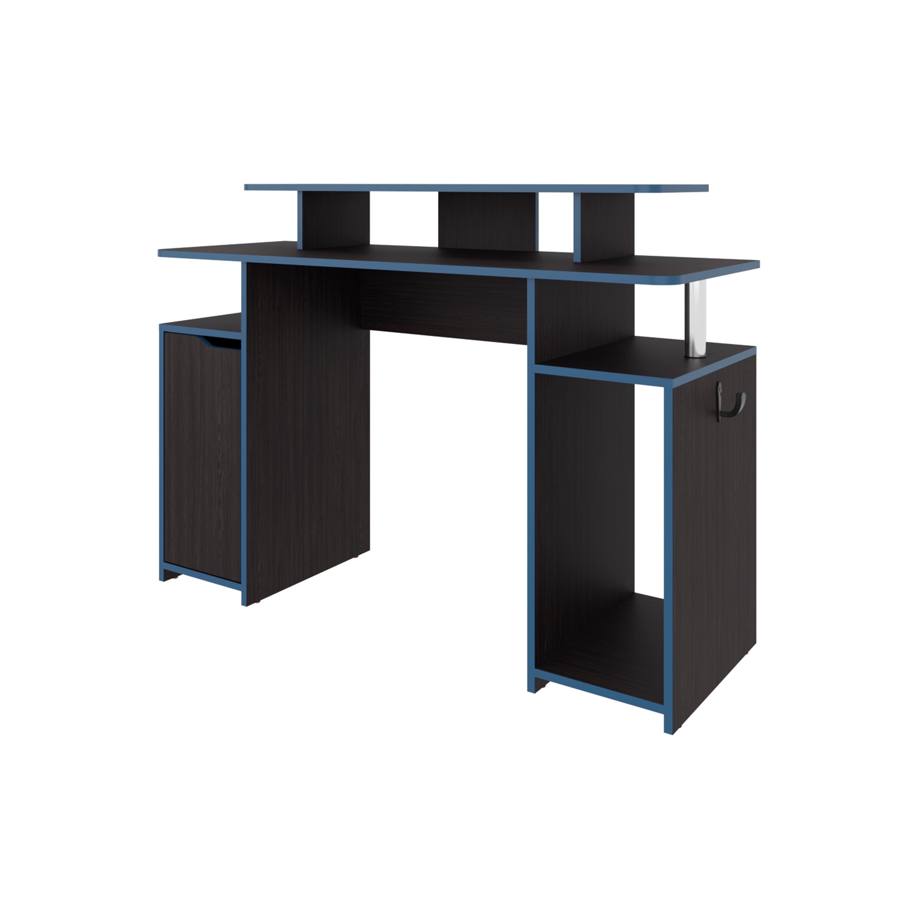 FM FURNITURE Lol Minimalist Gaming Desk with Elevated Monitor Shelf. Blue Accents