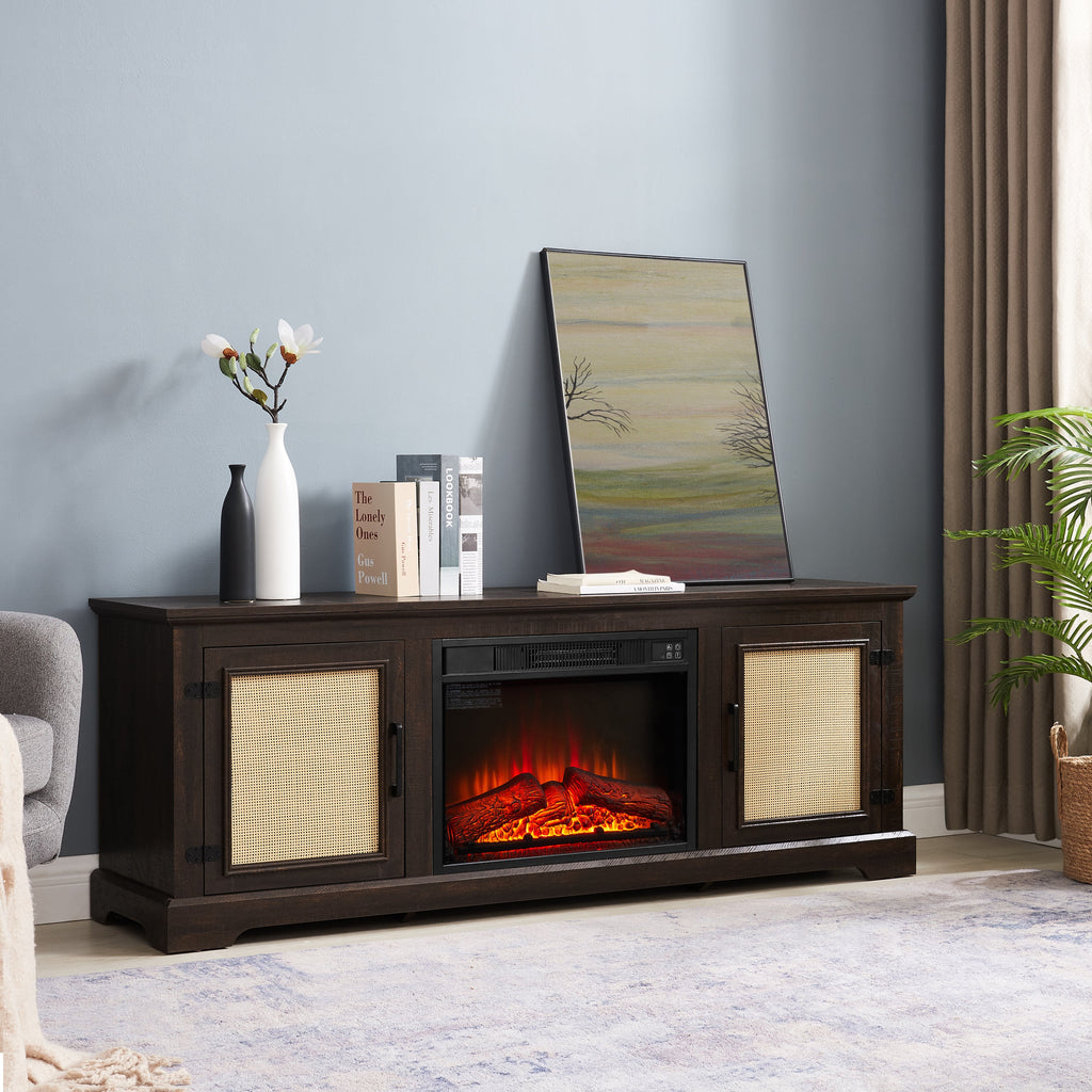 Natural Rattan Door Cabinet with Adjustable Shelf Wood, Farmhouse Rattan TV Stand Console Table for TVs up to 70 Inches, Storage tv stand with 23' fireplace insert, 65'W*15.55'D*23.86'H, Espresso