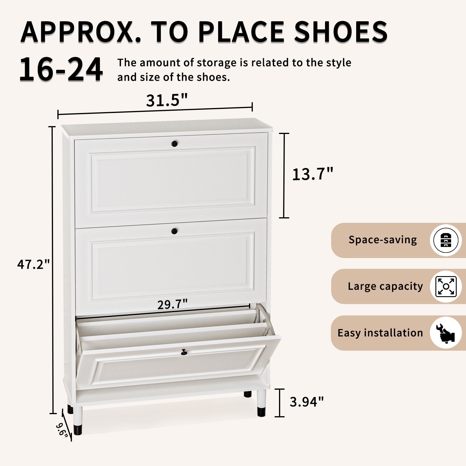Shoes Storage Cabinet for Entryway,Narrow Shoe Rack Cabinet,Shoe Cabinet with 3 Flip Drawers, Freestanding Shoe Organizer with Legs,Slim entry storage manager with large storage capacity