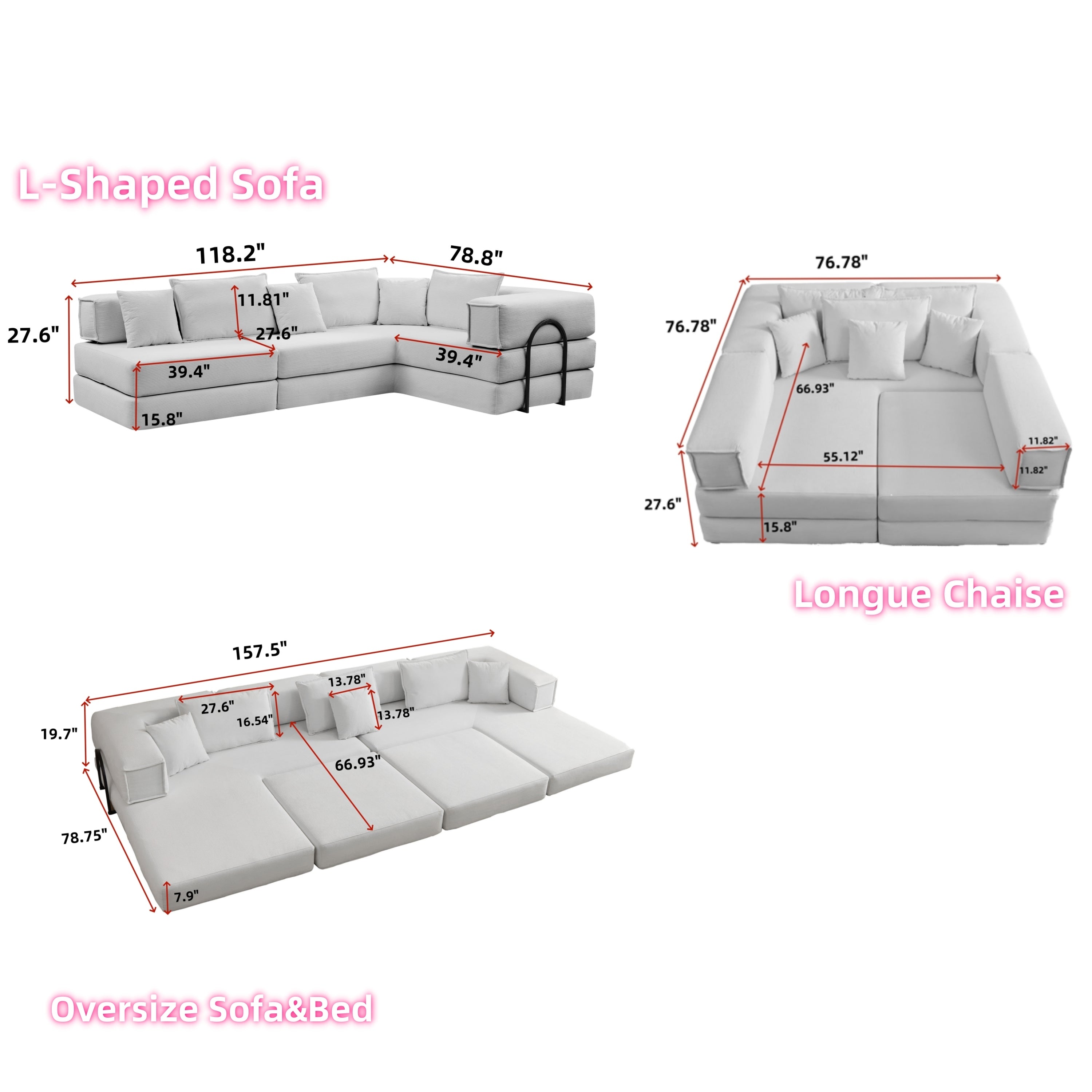 Oversized Upholstered Sectional Sofa Couch Set, Modular 118.2 ' L Shaped Floor Living Room Sofa Set With 6 Pillows, DIY Combination Sofa Couch for living rooms, apartments,bedrooms, Black