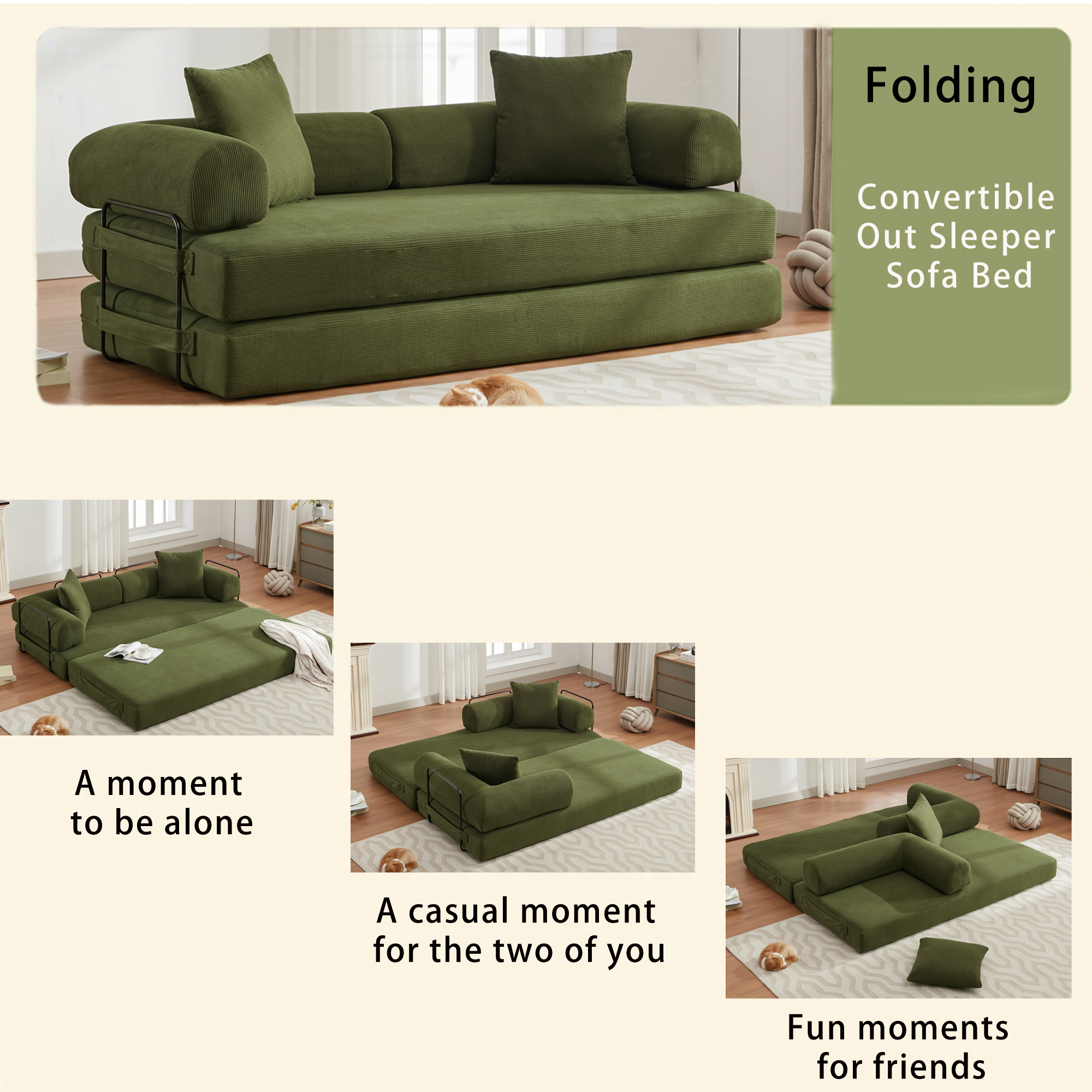 [NEW ARRIVED] [VIDEO PROVIDED] 78.5' Folding Convertible Out Sleeper Sofa Bed,4-in-1 DIY Combination Convertible  Sofa, 3 seat, Folding Sleeper Sofa, King Size , Bedroom,Apartment,Corduroy,Green