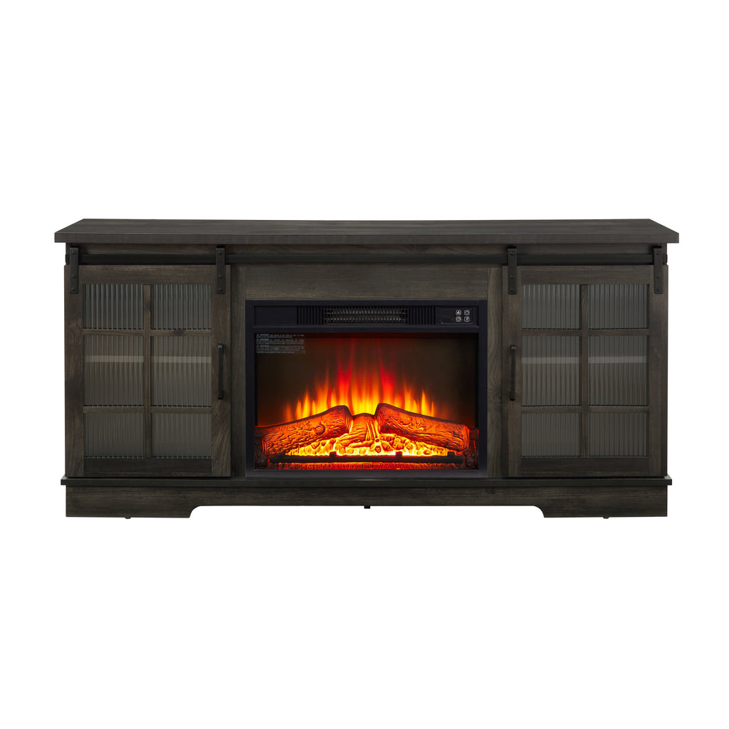 Multipurpose Sliding Door TV Stand Large Storage Cabinet with 2 Sliding Fluted Glass Doors, TV Up to 65'', TV Desk Storage Rack with 23' Fireplace TV Stand, Charcoal GREY, 59.13'W*15.94'D*27.8'H