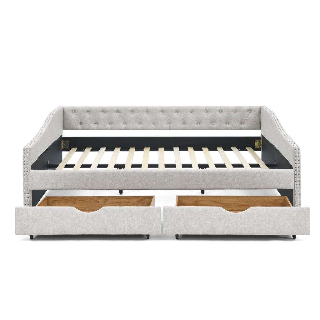 Queen Size Daybed with Drawers Upholstered Tufted Sofa Bed,,with Button on Back and Copper Nail on Waved Shape Arms, Beige (84.5'x63.5'x26.5')