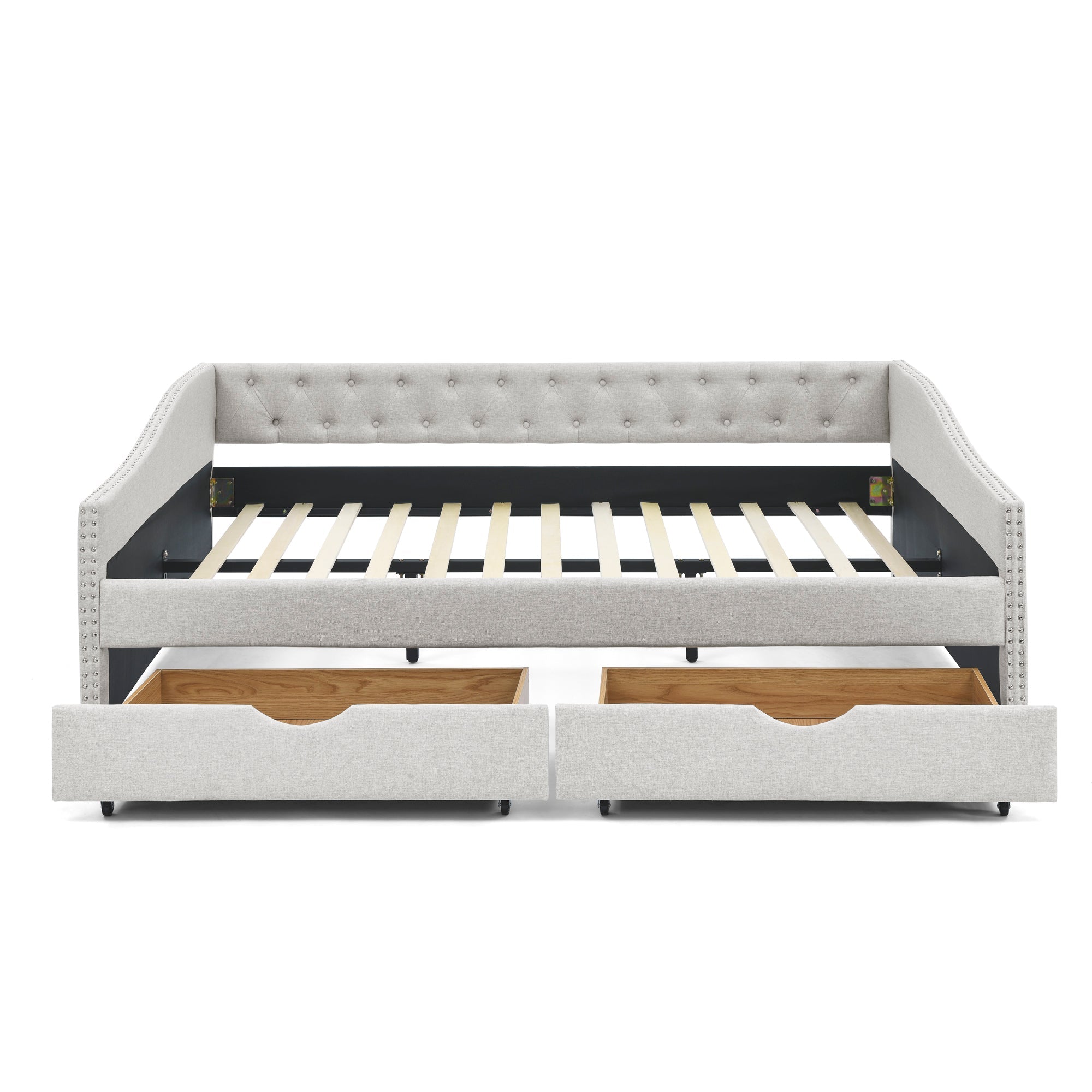 Queen Size Daybed with Drawers Upholstered Tufted Sofa Bed,,with Button on Back and Copper Nail on Waved Shape Arms, Beige (84.5'x63.5'x26.5')