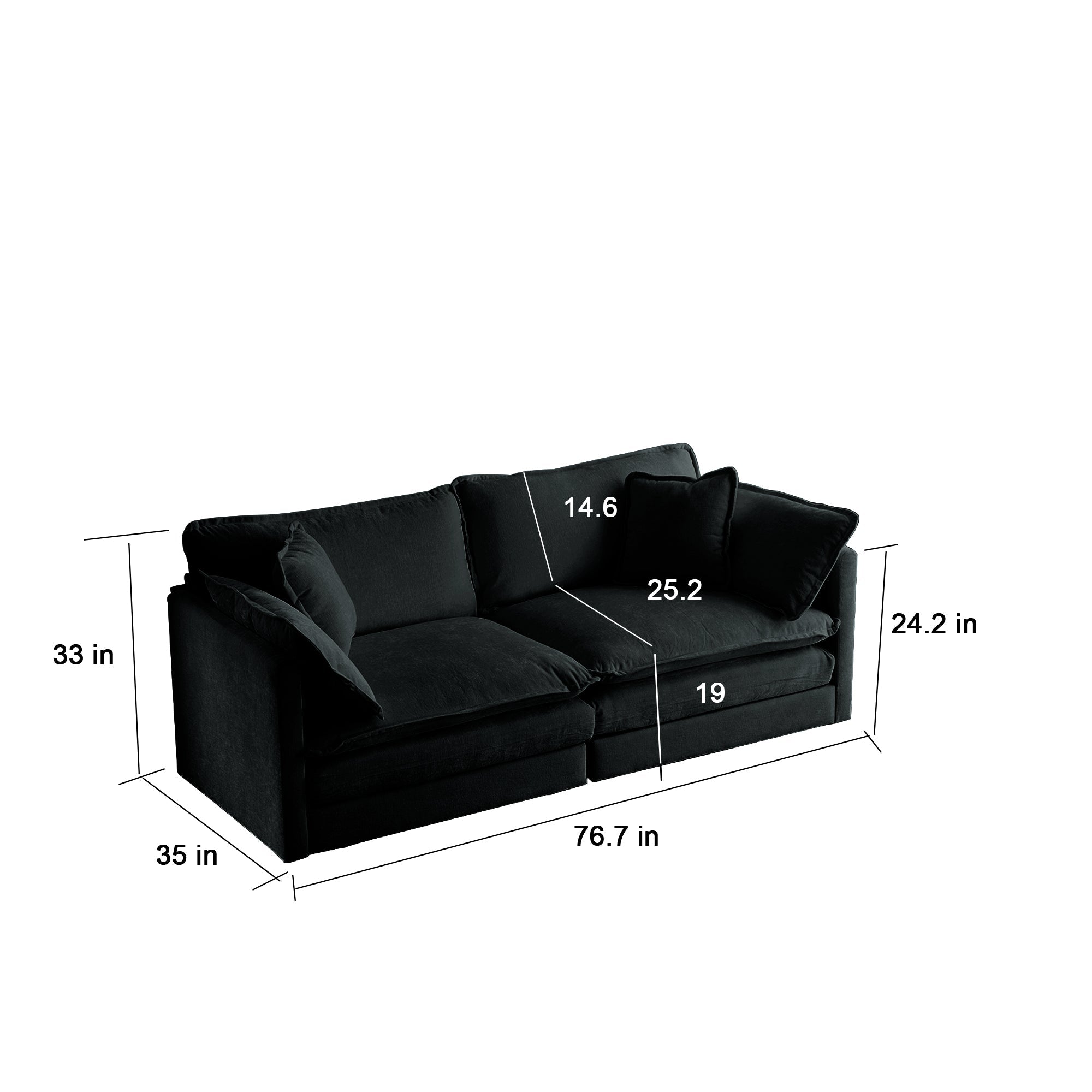Sofa Set of 2 Chenille Couch, 2+3 Seater Sofa Set Deep Seat Sofa, Modern Sofa Set for Living Room, Black Chenille