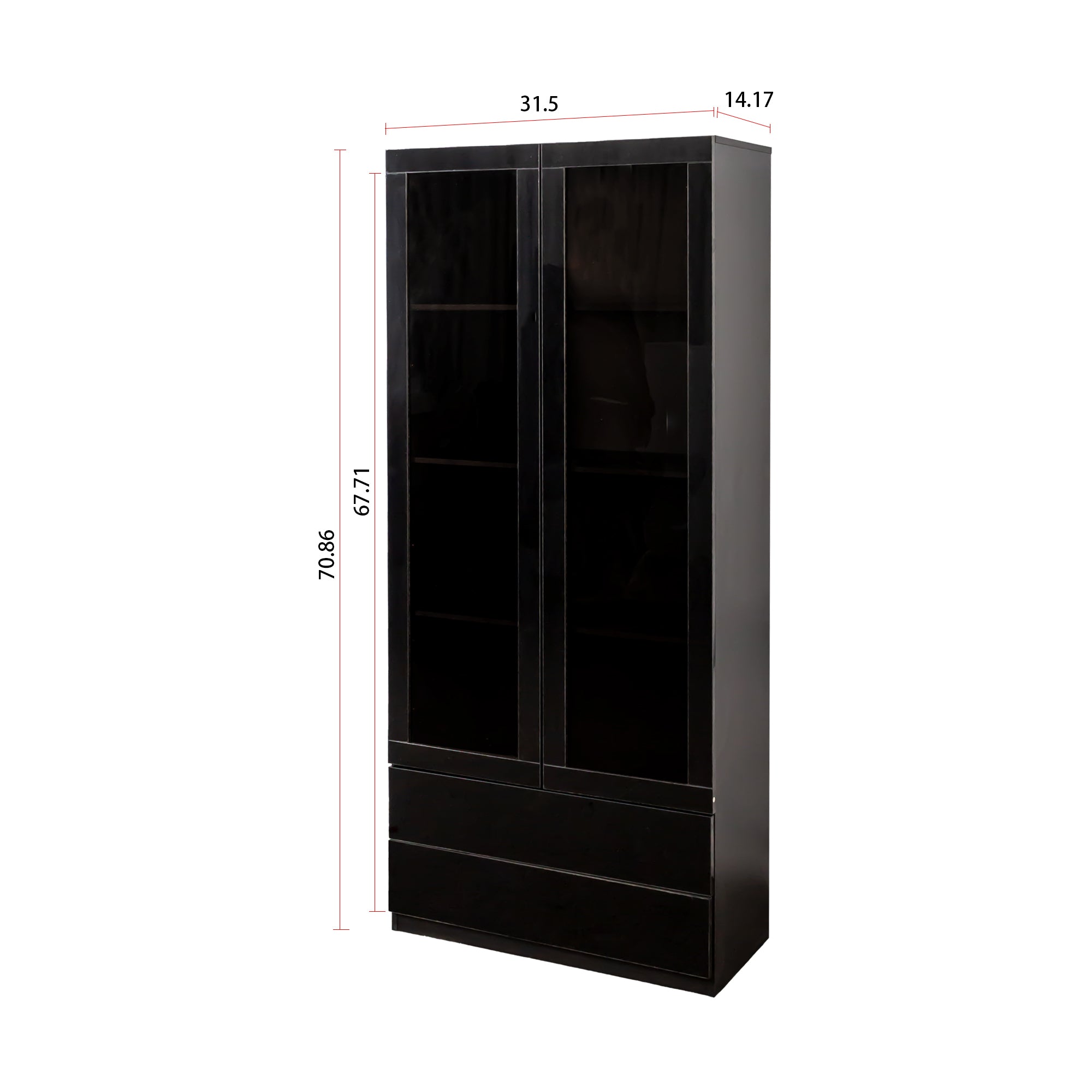 Display Cabinet with Glass Doors, Curio Storage Cabinet with 2-Drawer, Bookcase with LED Lights, Black