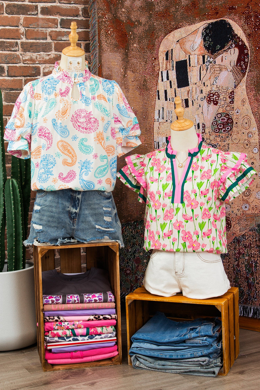 Paisley Button Keyhole Puff Sleeve Blouse