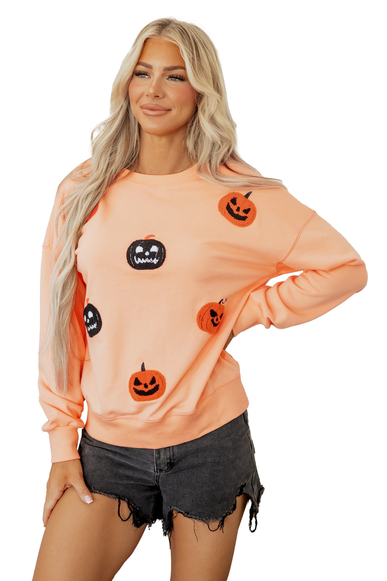 Halloween Embroidered Jack-O-Lantern Drop Shoulder Sweatshirt
