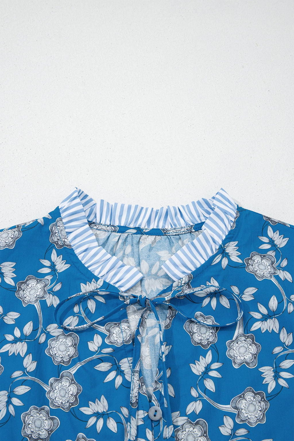 Floral Stripe Trim Tie-Neck Short Sleeve Blouse