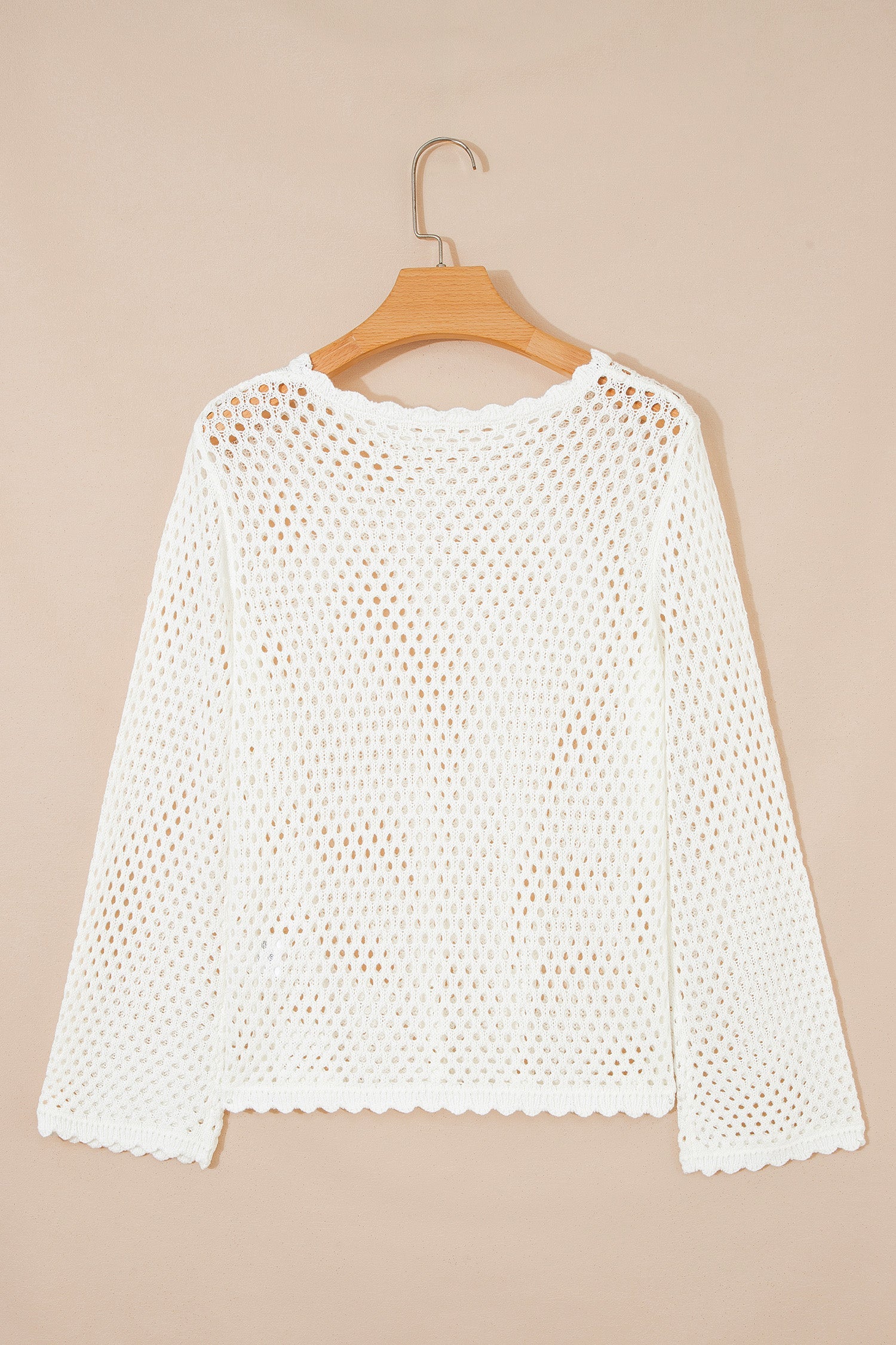 Scalloped Trim Hollow Out Knit Long Sleeve Top