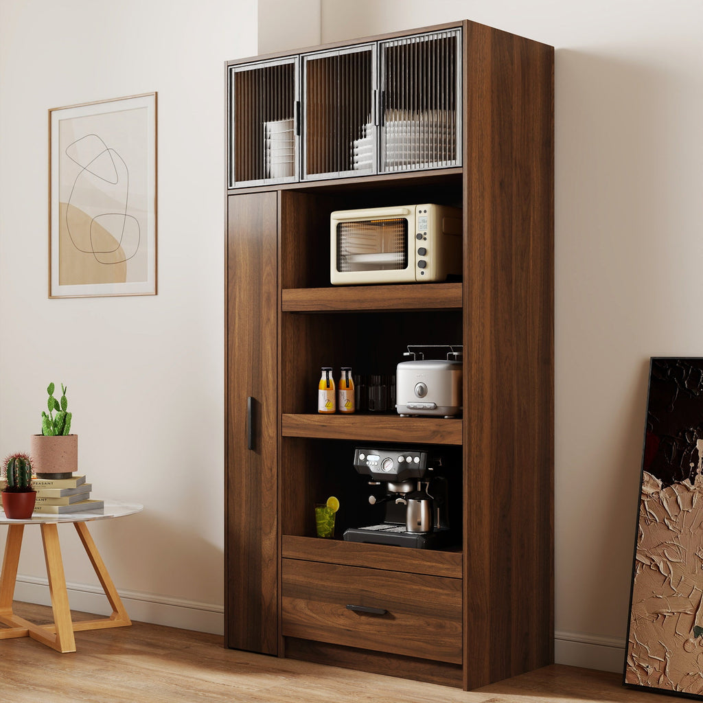 70.87' Tall Kitchen Pantry Cabinet with multi-functional pull-out multi-tier storage shelf, 1 Drawers,with Aluminum frame glass door,Freestanding Food Hutch with Microwave Stand for Dining Room