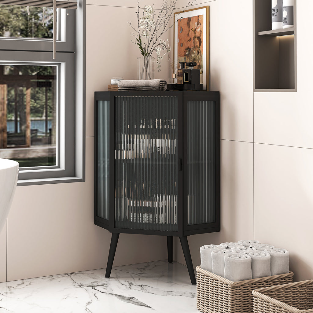22.25' Floor Coner Cabinet with Tempered Glass Door & Storage Shelves for Bathroom, Living Room, Bedroom (Black)