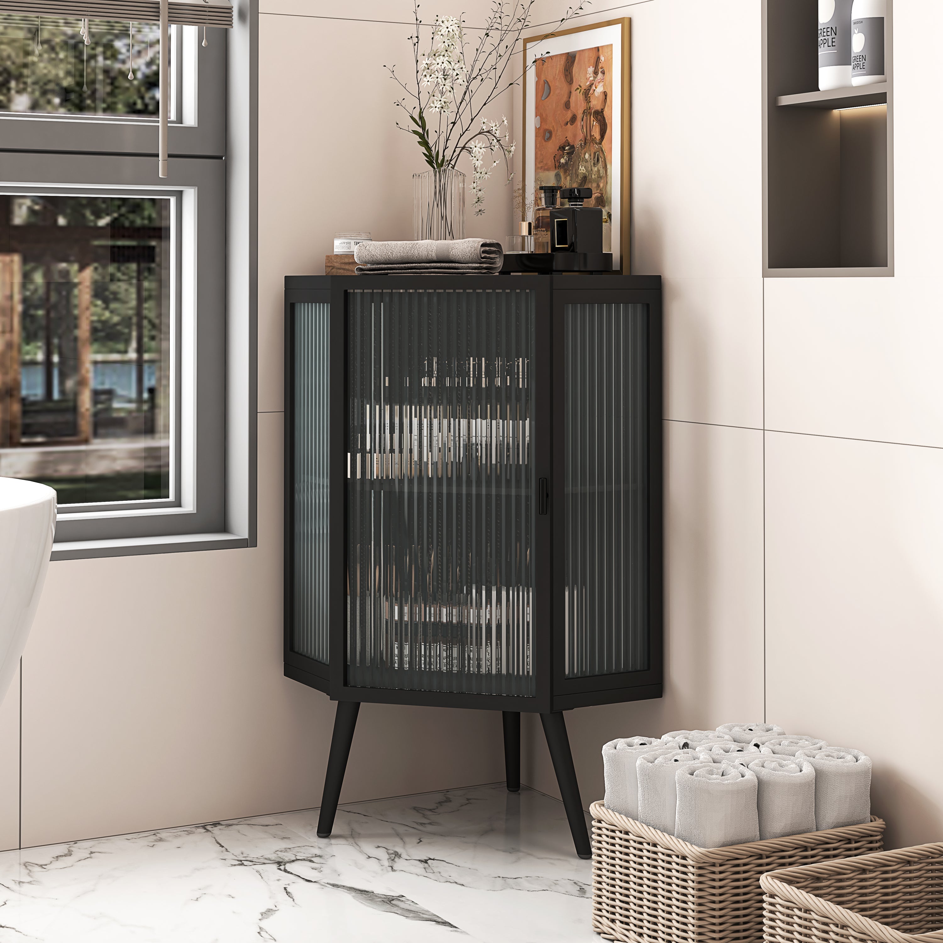 22.25' Floor Coner Cabinet with Tempered Glass Door & Storage Shelves for Bathroom, Living Room, Bedroom (Black)