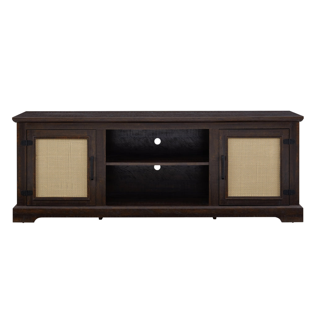 Farmhouse Rattan TV Stand Console Table for TVs up to 70 Inches, TV Console Table with 2 Storage Shelves, 2 Natural Rattan Door Cabinets, 65'W*15.55'D*23.86'H, Espresso