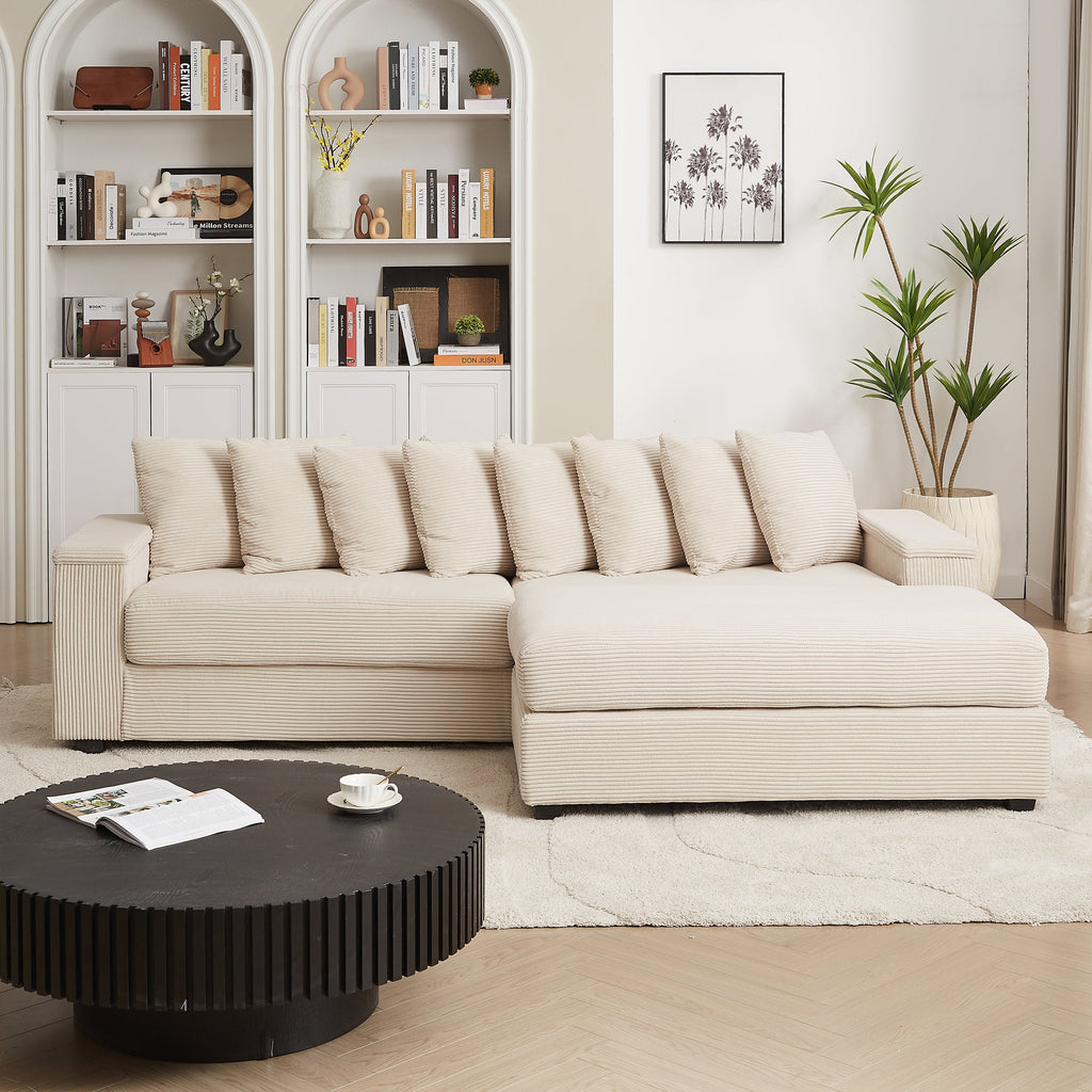 Luxe Oversized L Shaped Sofa with Chaise,Comfy Corduroy L Shaped Sectional Couches with 8 Pillows and Two Armrest storage space,Soft Fluffy Upholstered Sofa Bed for Living Room Apartment Bedroom