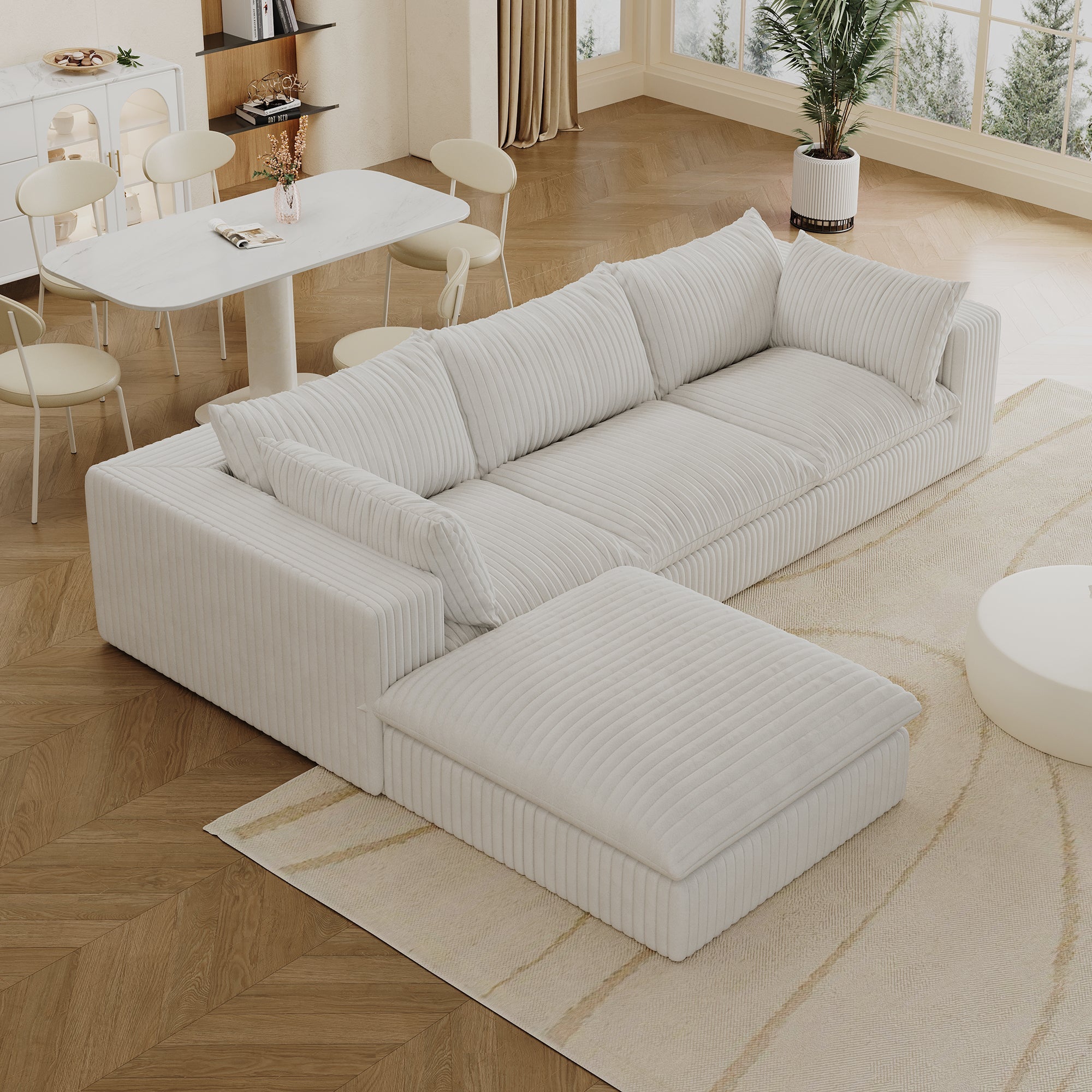 118.2' Cloud Sofa,Corduroy Fabric,Deep Seat Couches,Double-layer design,Removable Cushion,No Assembly, DIY Combination for Living room, Bedroom,Conference room ,Apartment,White