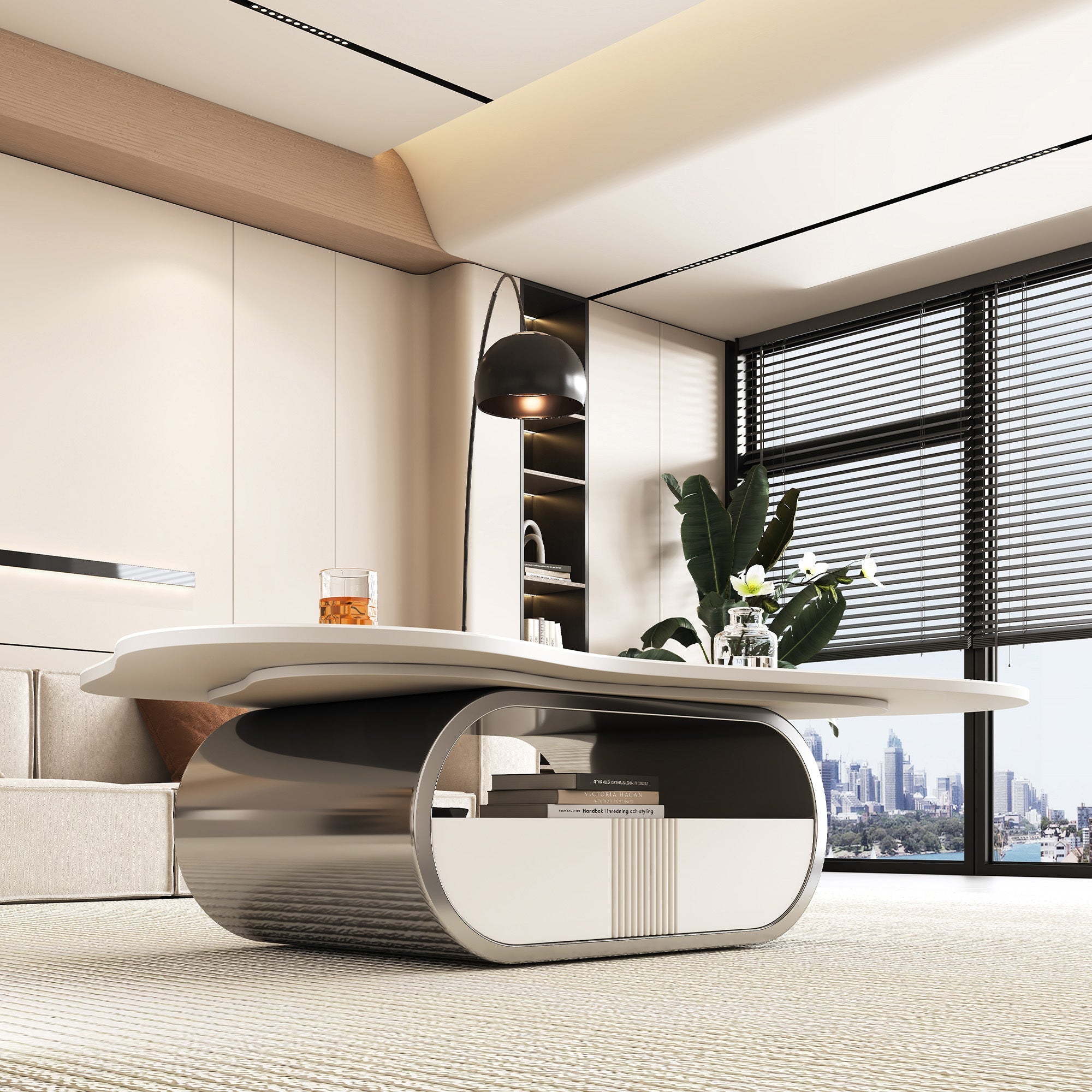 Modern Butterfly Coffee Table with Sintered Stone Top – Oval Center Table with Storage Shelf & Drawer, Stainless Steel Base & MDF Cabinet