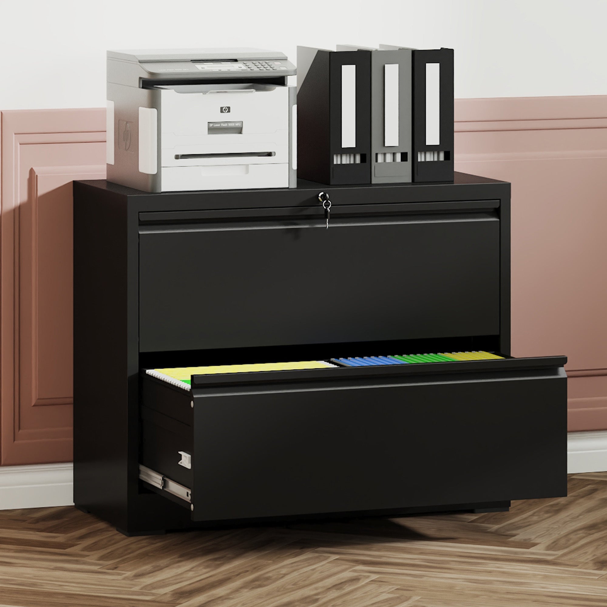 2 Drawer Lateral File Cabinet with Lock – Heavy-Duty Metal Filing Cabinet for Home Office, Space-Saving Wide Storage for Letter/Legal/A4/F4, Silent Full-Extension Slides, Easy-Assembly
